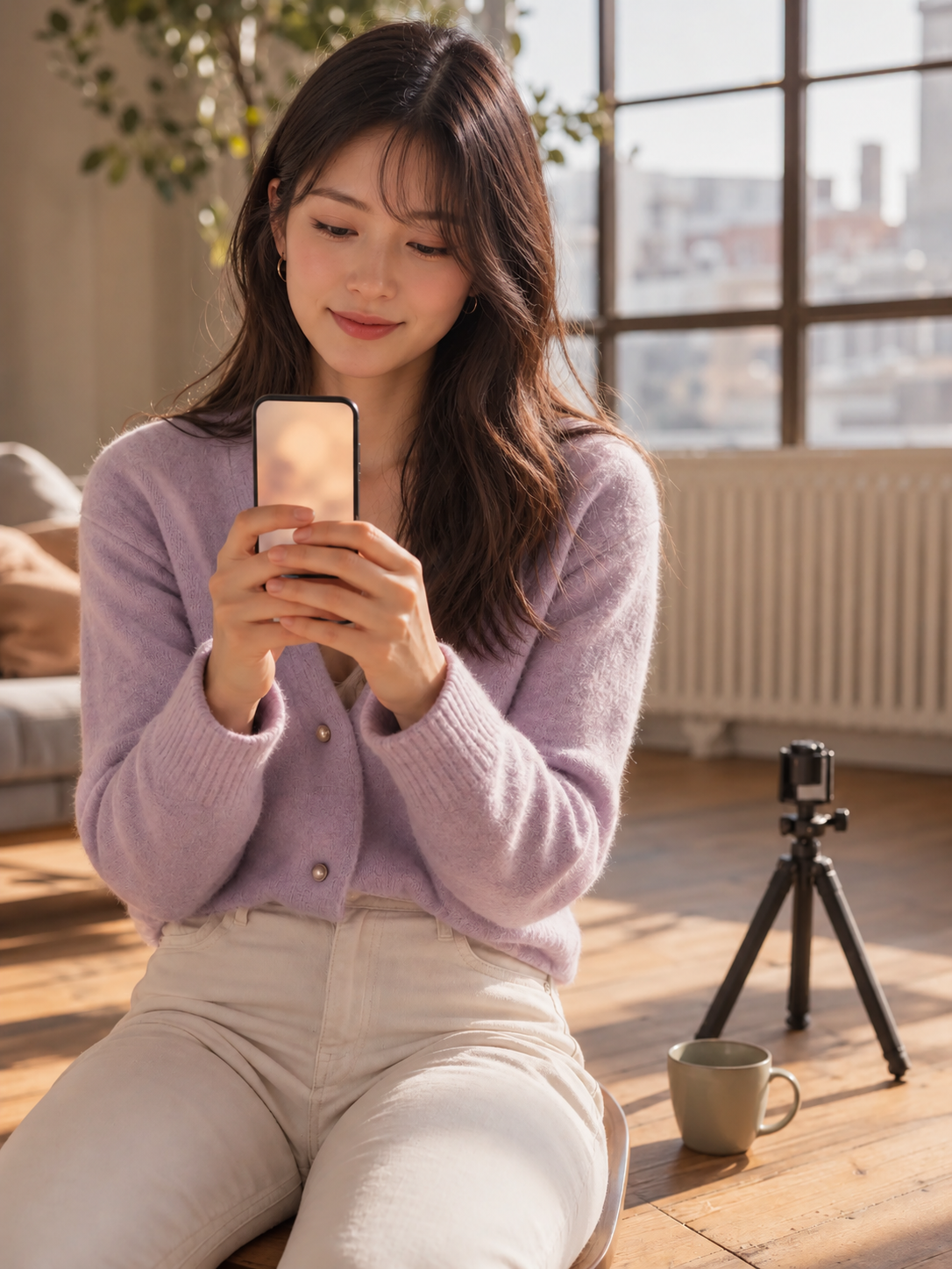 完成したショート動画をスマートフォンで見ている女性クリエイター