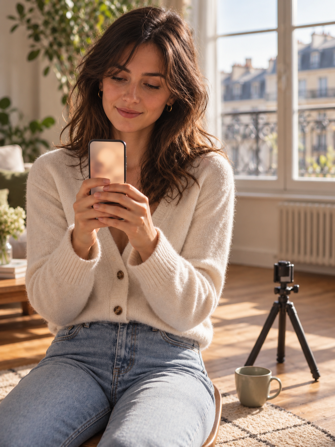 Créatrice regardant une courte vidéo terminée sur son téléphone