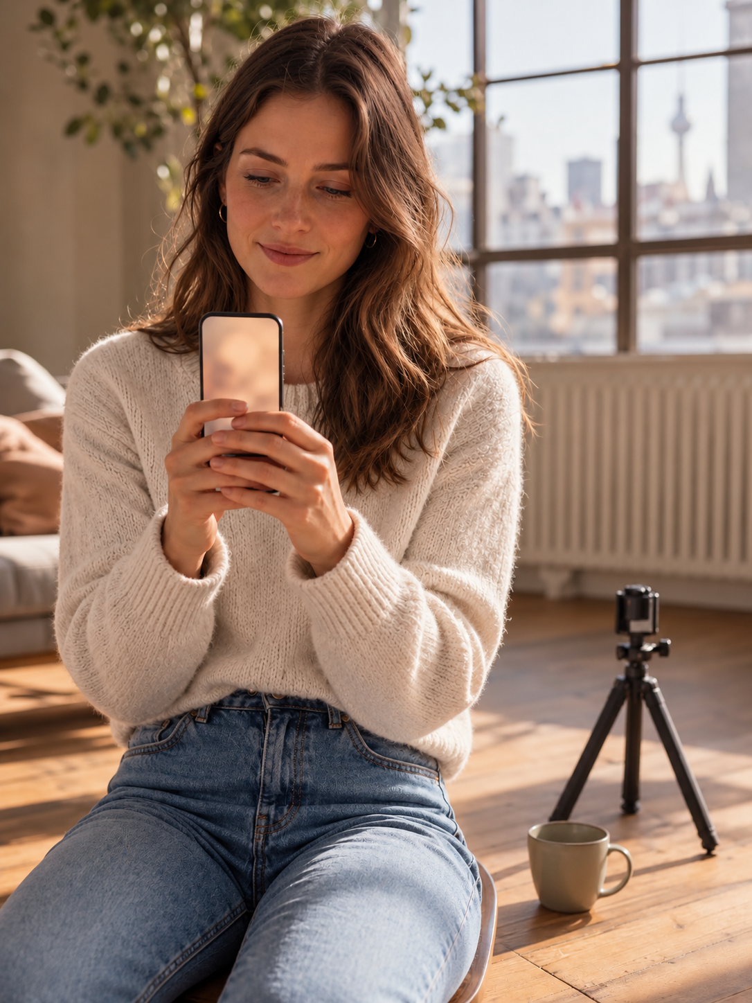 Eine Creatorin sieht sich ein fertiges Kurzvideo auf ihrem Smartphone an
