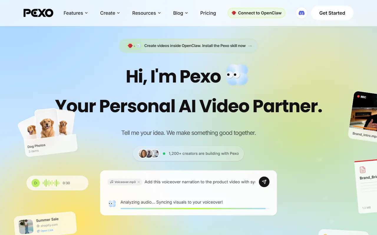 Pexo's homepage — "Your Personal AI Video Partner", where you describe what should happen to a photo and get a finished video