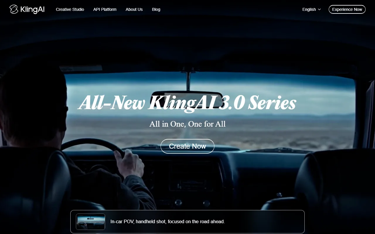 Kling AI homepage — image-to-video generation with cinematic sample clips