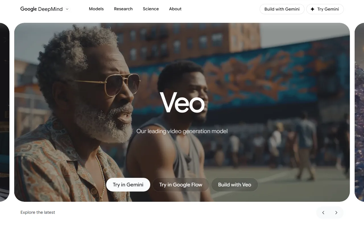 Google DeepMind Veo — "our leading video generation model", with Try in Gemini and Google Flow