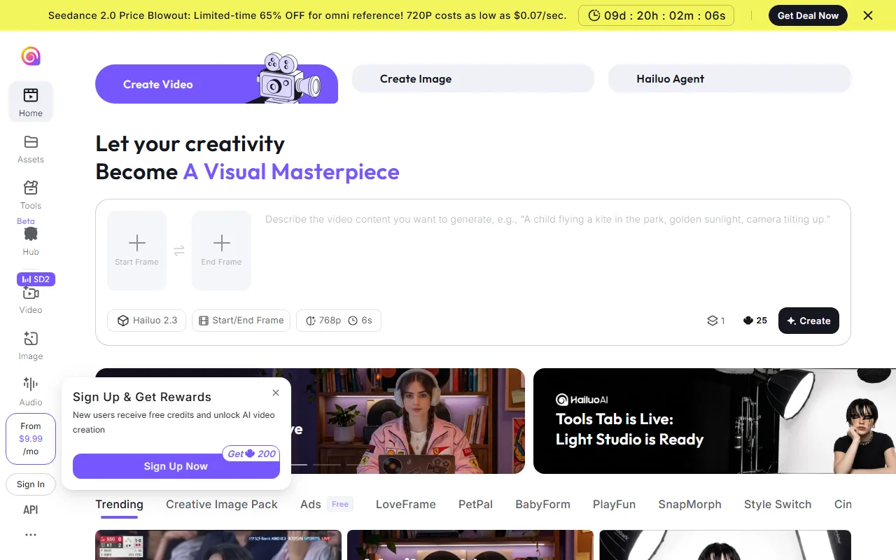 Hailuo AI homepage — MiniMax image-to-video generation