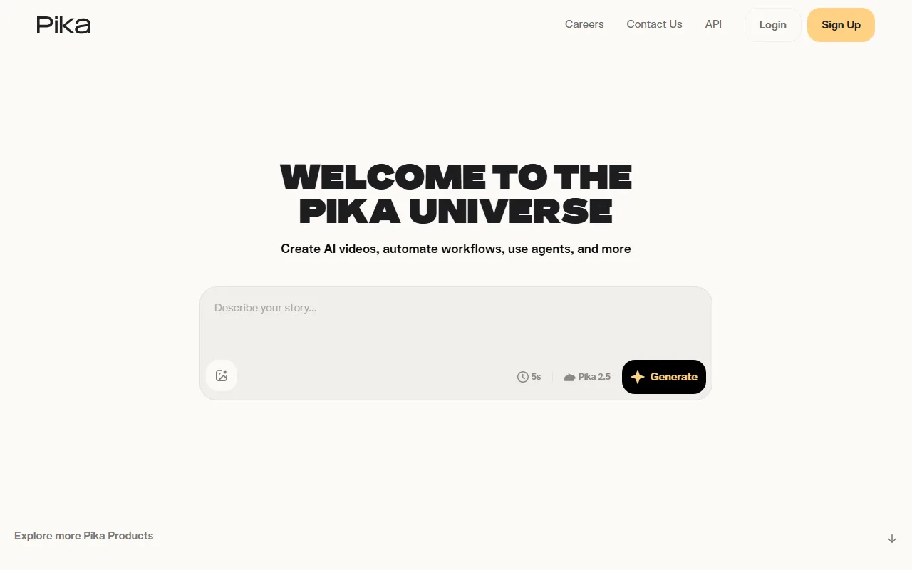 Pika homepage — image-to-video with Pikaffects
