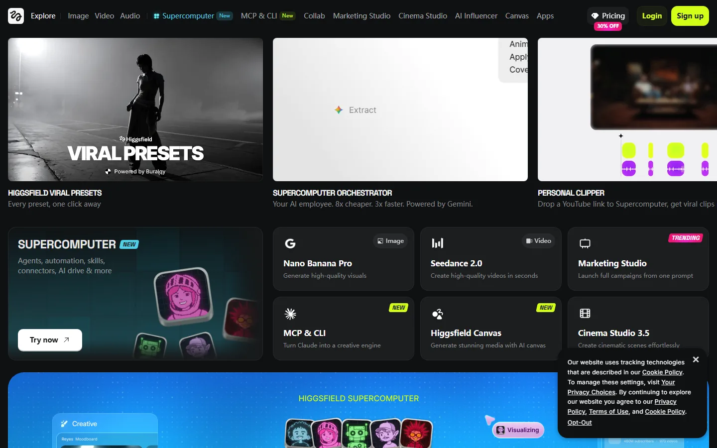 Higgsfield homepage — cinematic camera motion and VFX image-to-video