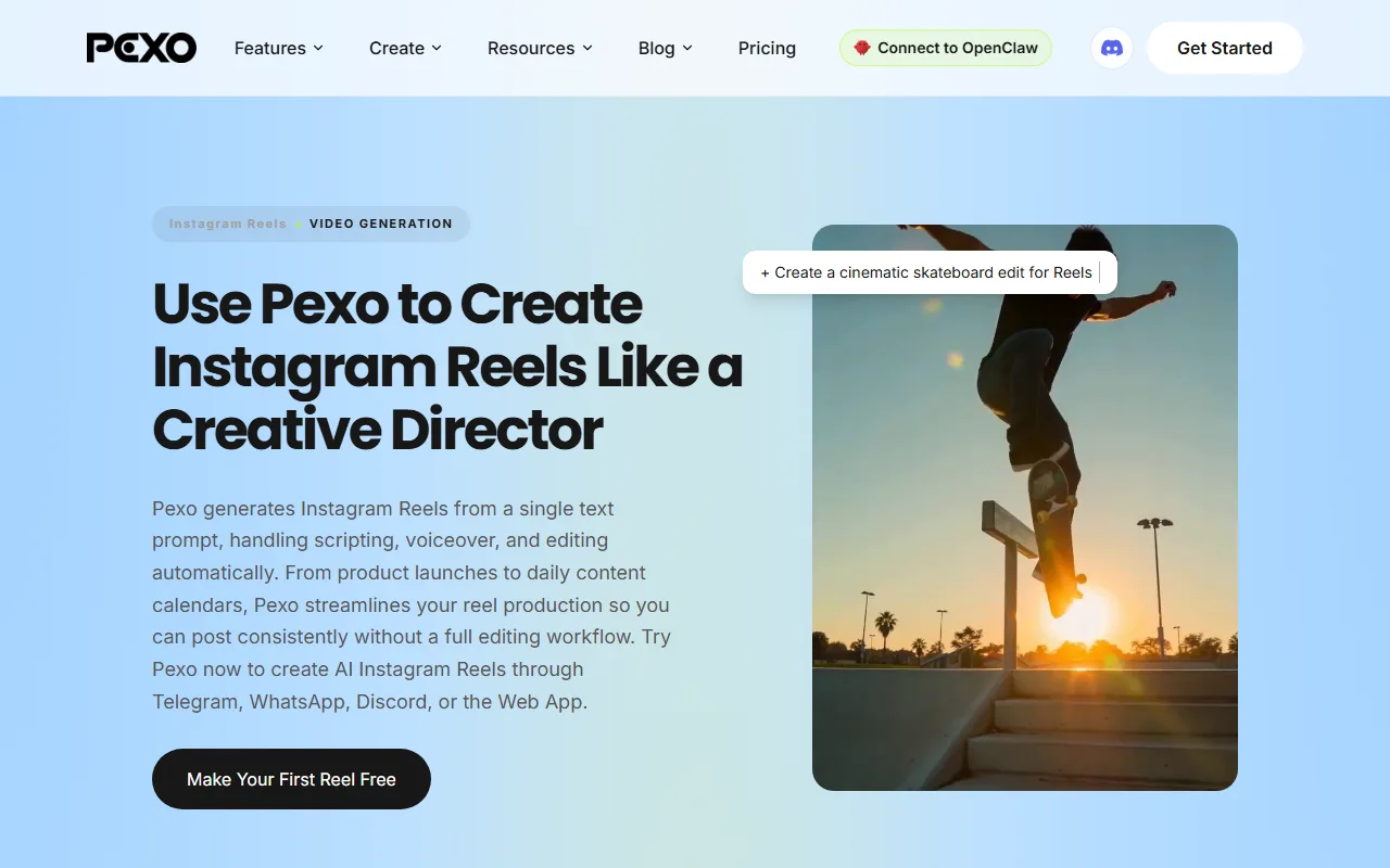 チャットの指示から縦型Instagramリールを生成するPexoの画面