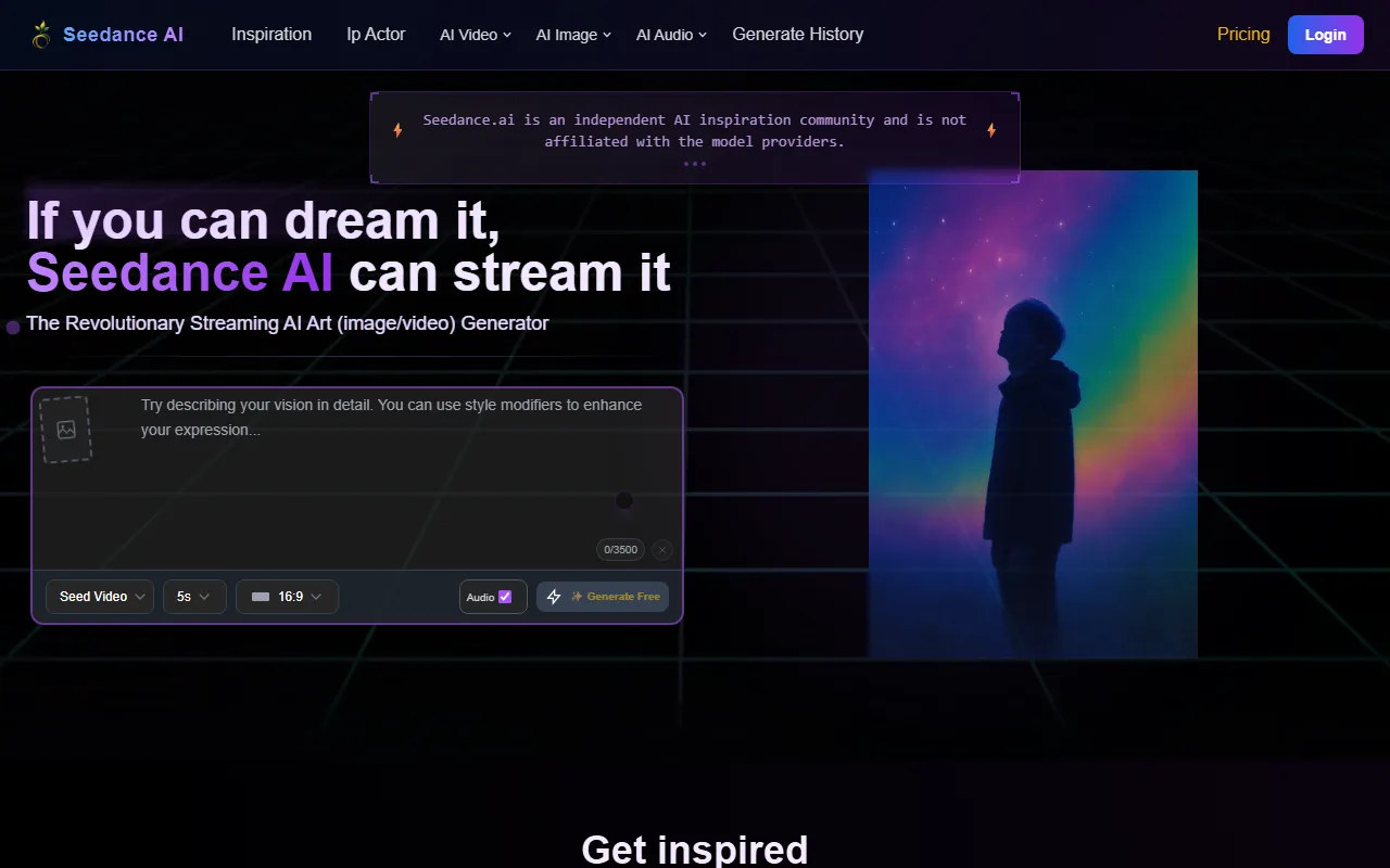 Seedance AI video generation interface showing prompt input, model selection, and Generate Free button