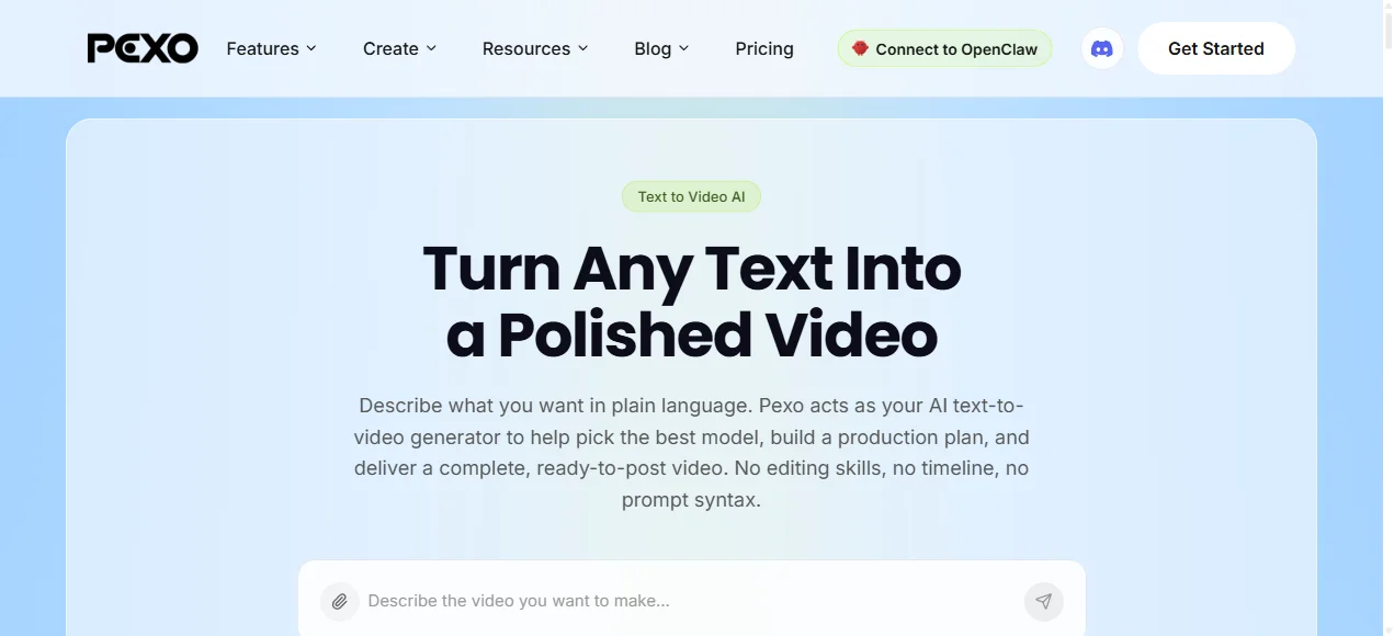 Pexo text-to-video feature page showing the conversational input interface