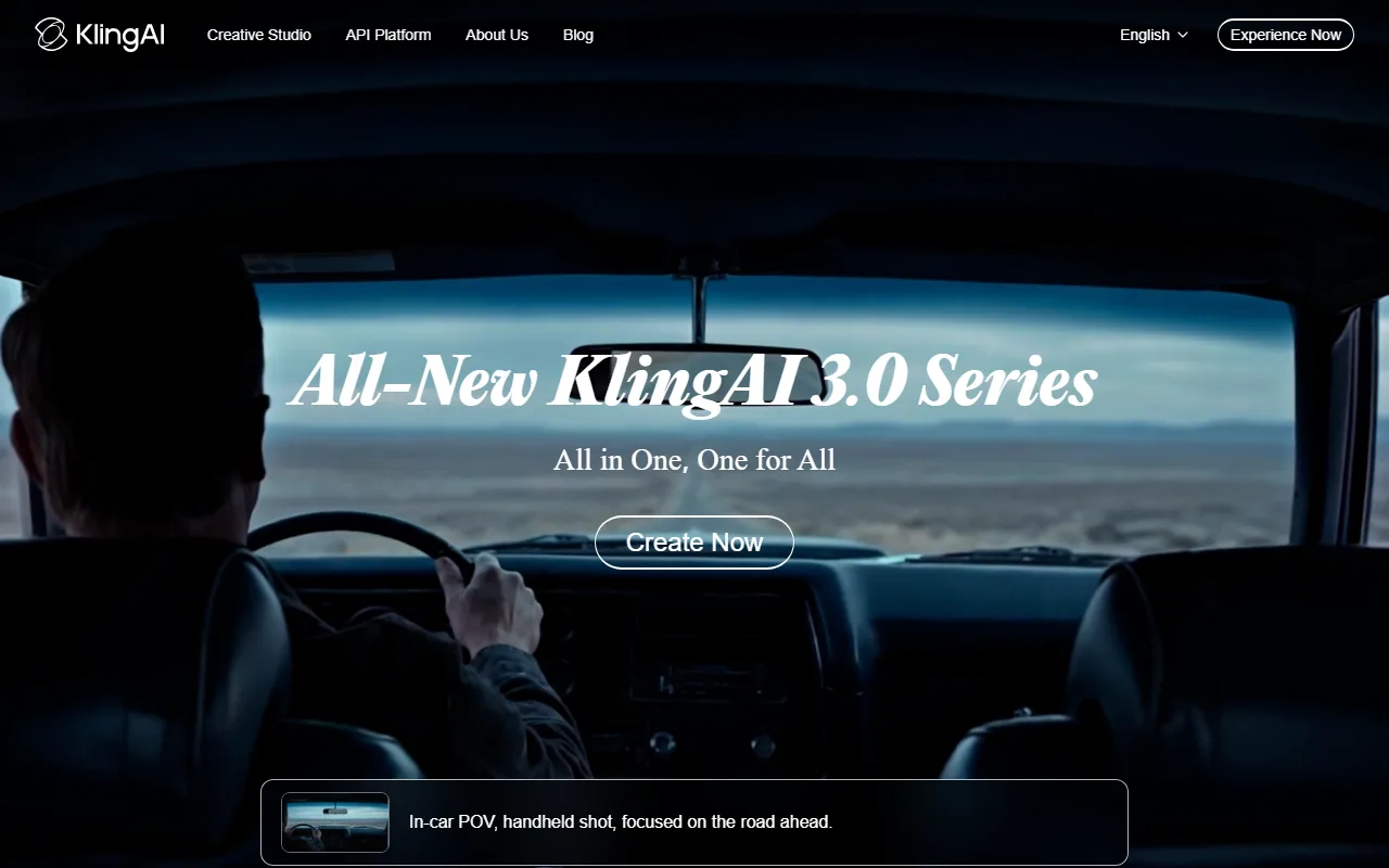 Kling AI Creative Studio homepage showing the All-New KlingAI 3.0 Series with cinematic video output