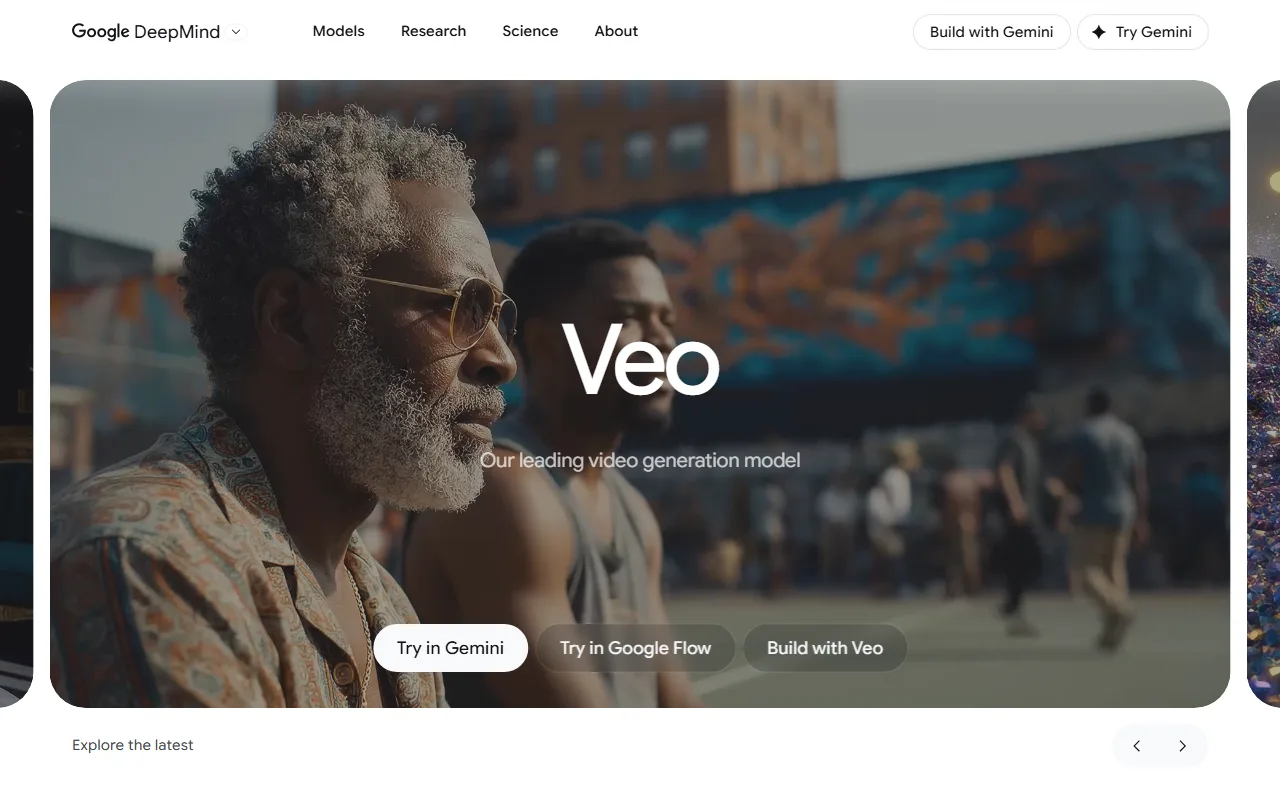 Google DeepMind Veo page showing the video generation model hero with Try in Gemini and Build with Veo CTAs