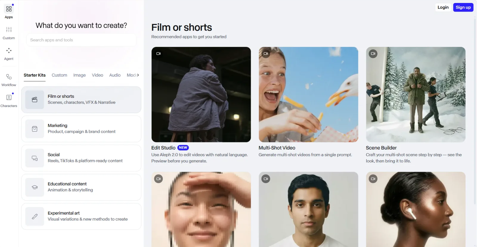 Runway create interface showing Film or Shorts templates with AI-generated video previews