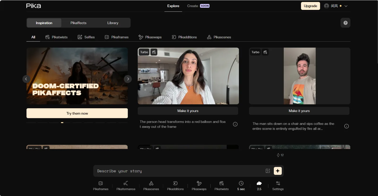 Pika dashboard showing Pikaffects, Pikaswaps, and video creation interface with social-format previews