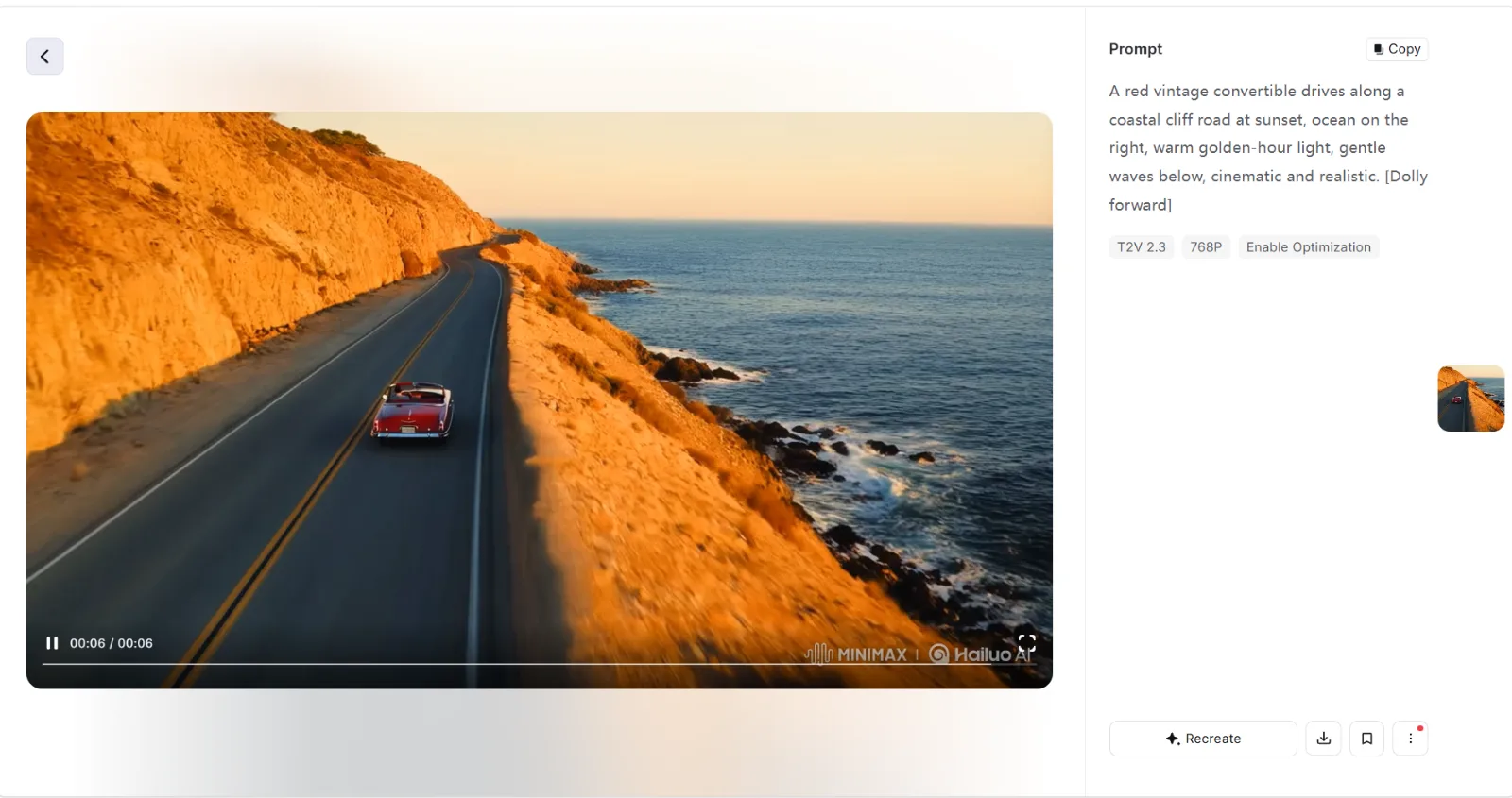 Hailuo AI video generation output showing a cinematic coastal driving scene with the prompt and model settings visible