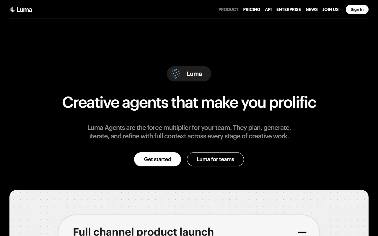 Luma homepage showing Creative Agents platform with Get Started and Luma for Teams CTAs