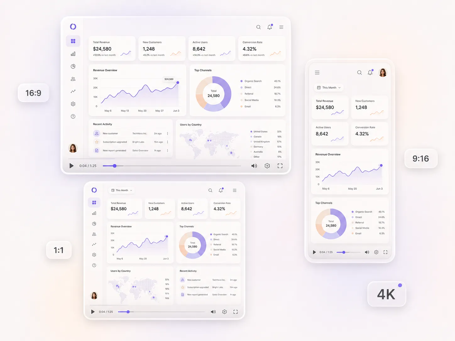 A saas launch video exported in 16:9, 9:16, and 1:1 formats up to 4K
