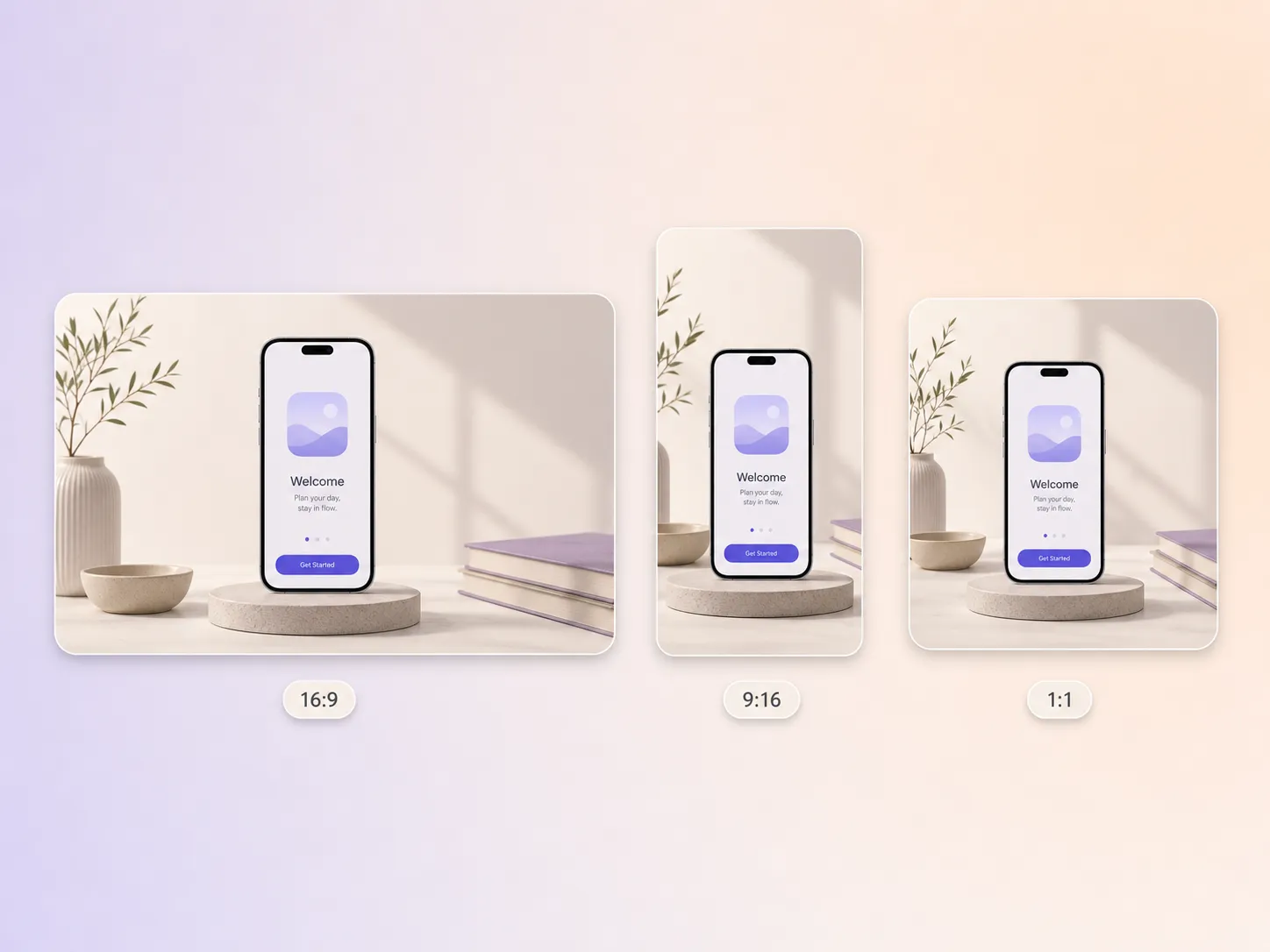 An app launch video exported in 16:9, 9:16 and 1:1 formats up to 4K