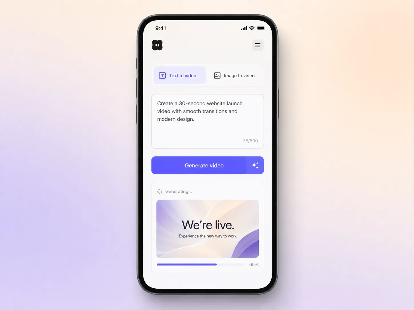 Creating a website launch video from a text prompt and a photo in the Pexo editor