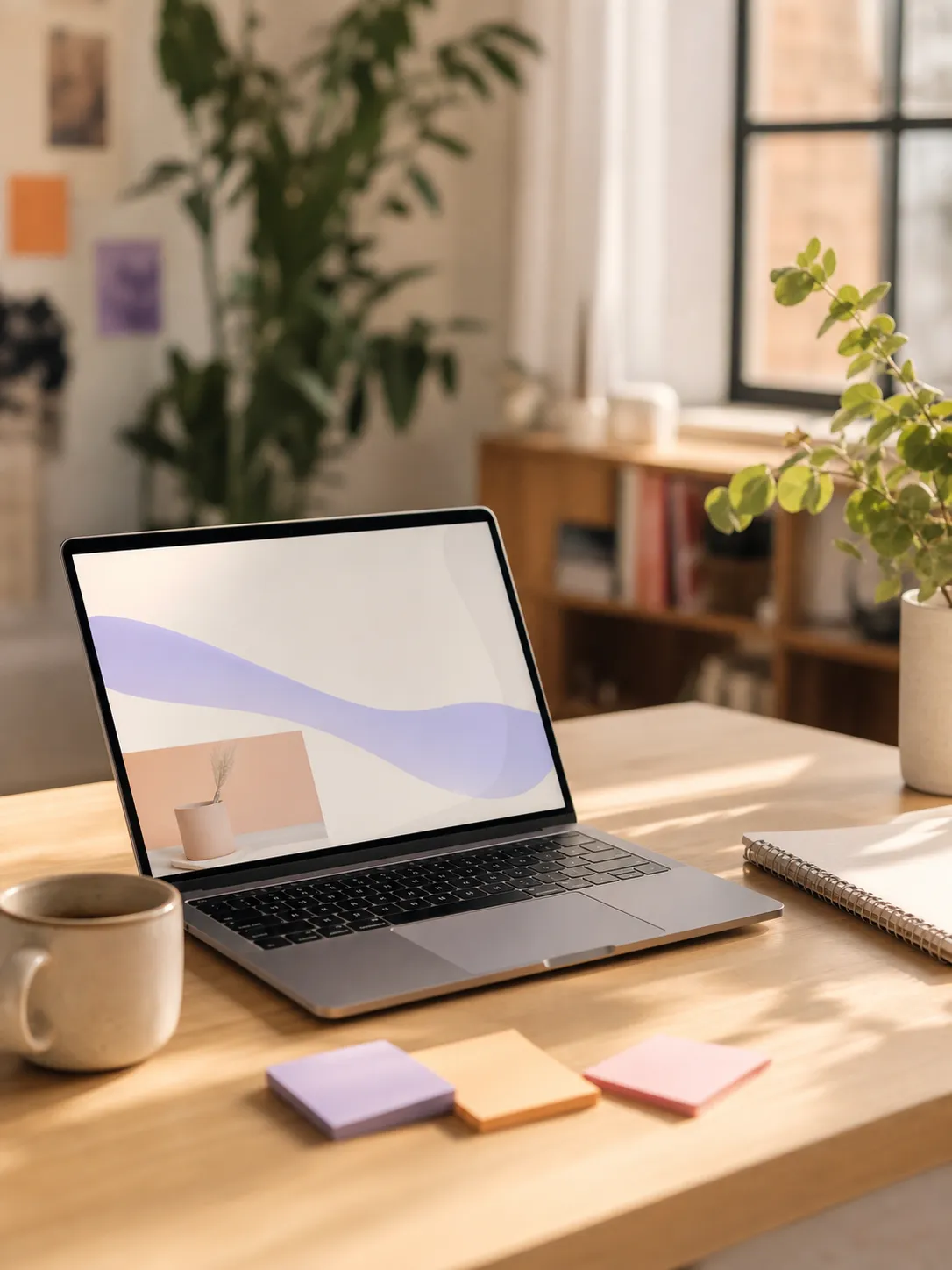Startup launch video project open on a laptop at a sunlit loft desk