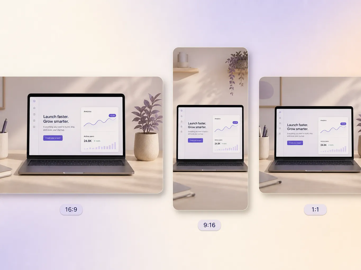 A startup launch video exported in 16:9, 9:16, and 1:1 formats up to 4K