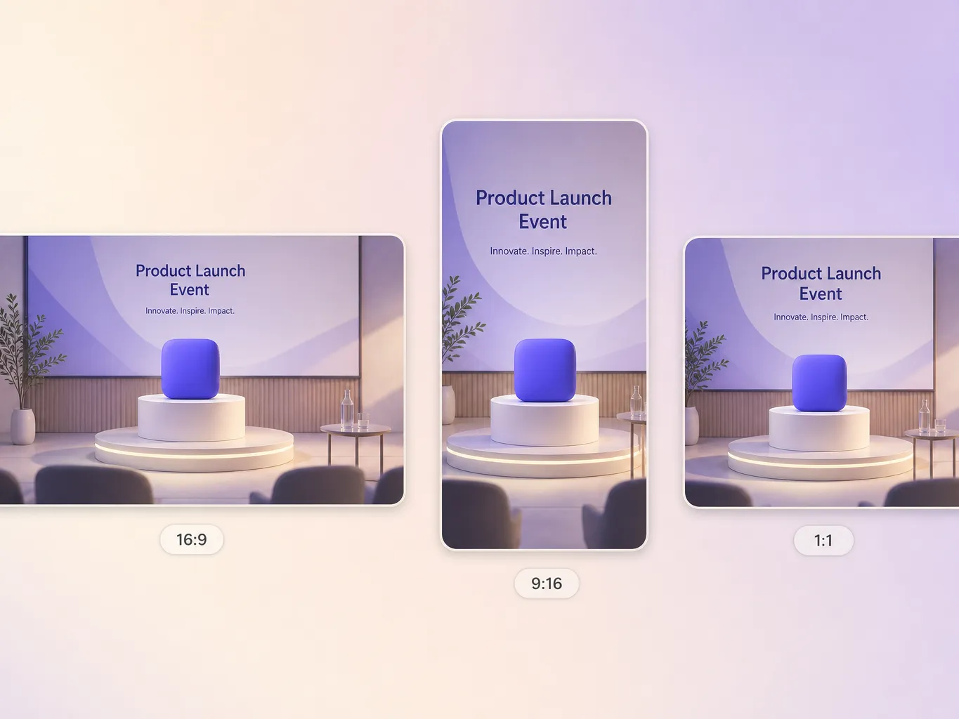 A event launch video exported in 16:9, 9:16, and 1:1 formats up to 4K