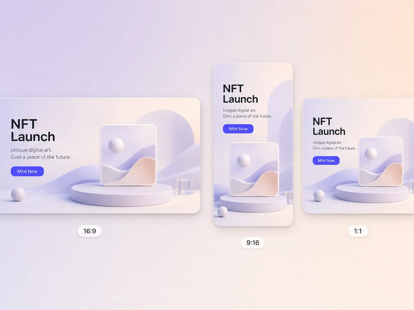 A NFT launch video exported in 16:9, 9:16, and 1:1 formats up to 4K