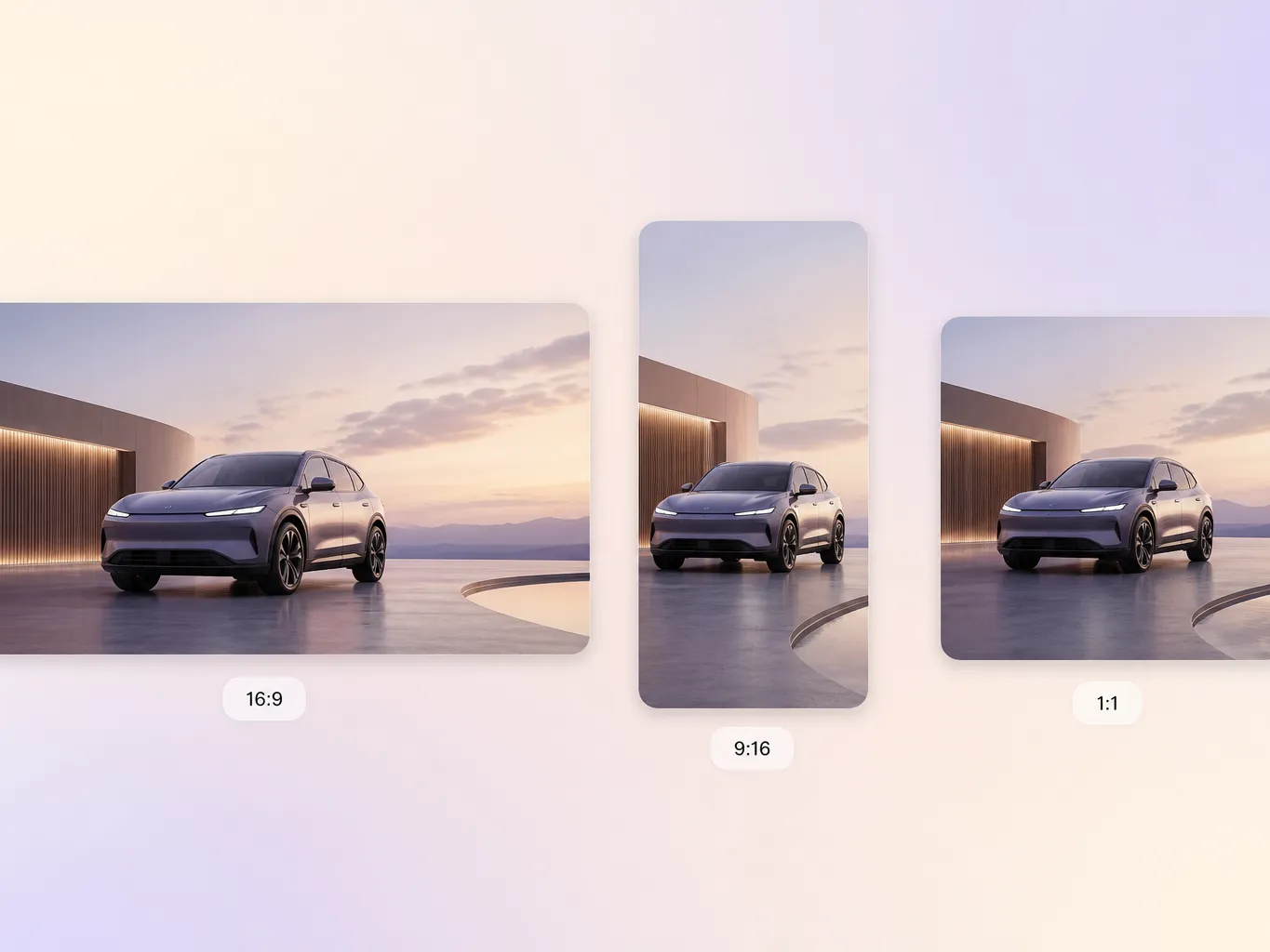 A car launch video exported in 16:9, 9:16, and 1:1 formats up to 4K
