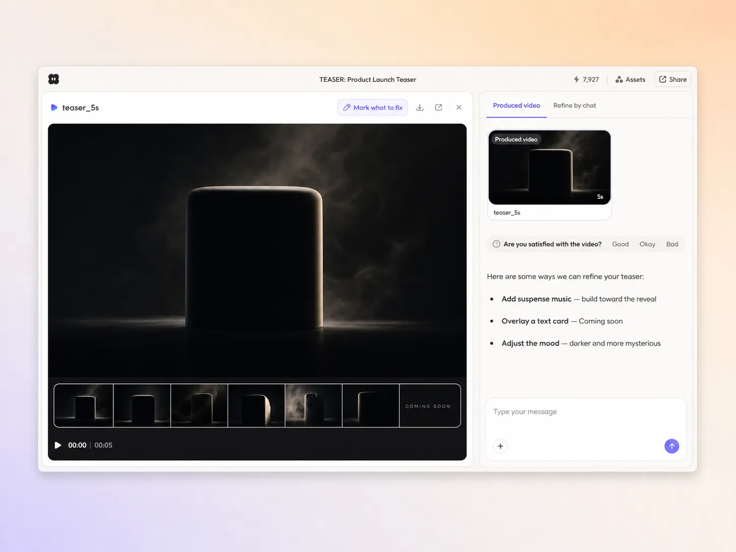Creating a teaser video from a text prompt and a photo in the Pexo editor