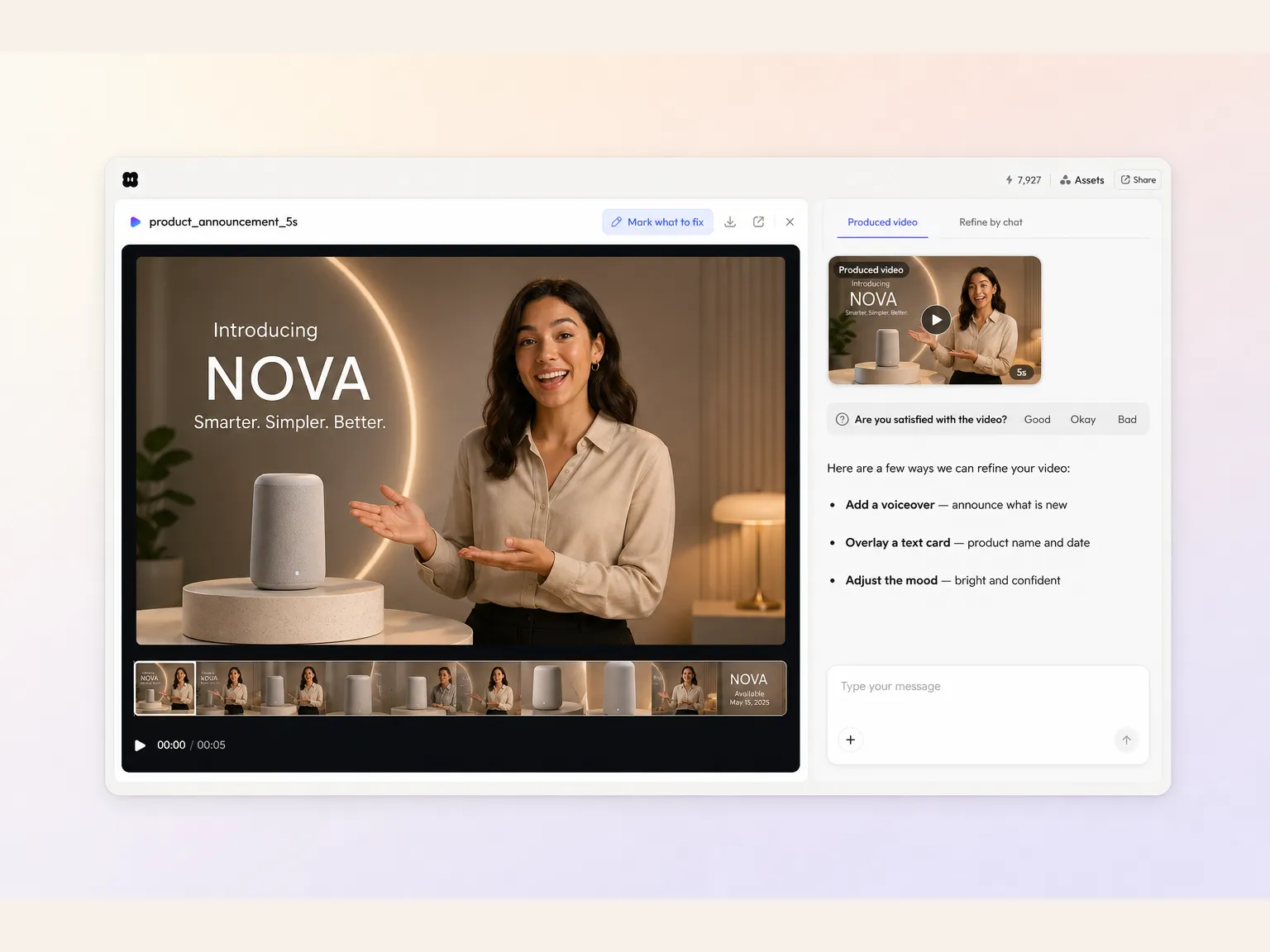 Creating a product announcement video from a text prompt and a photo in the Pexo editor