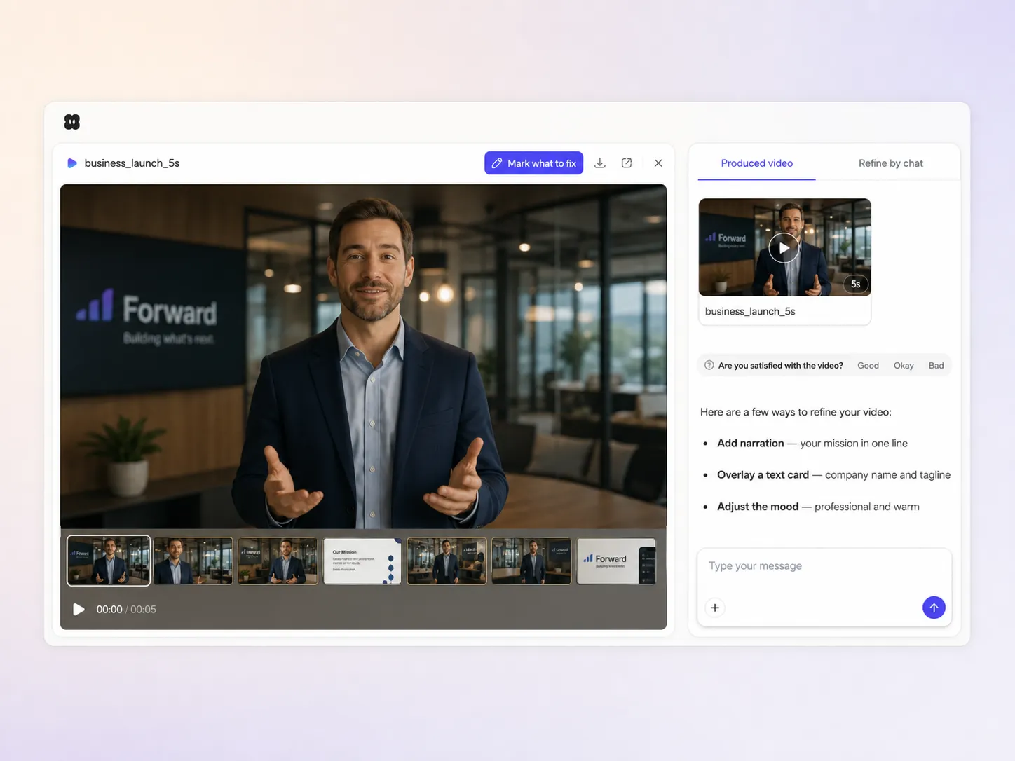 Creating a business launch video from a text prompt and a photo in the Pexo editor