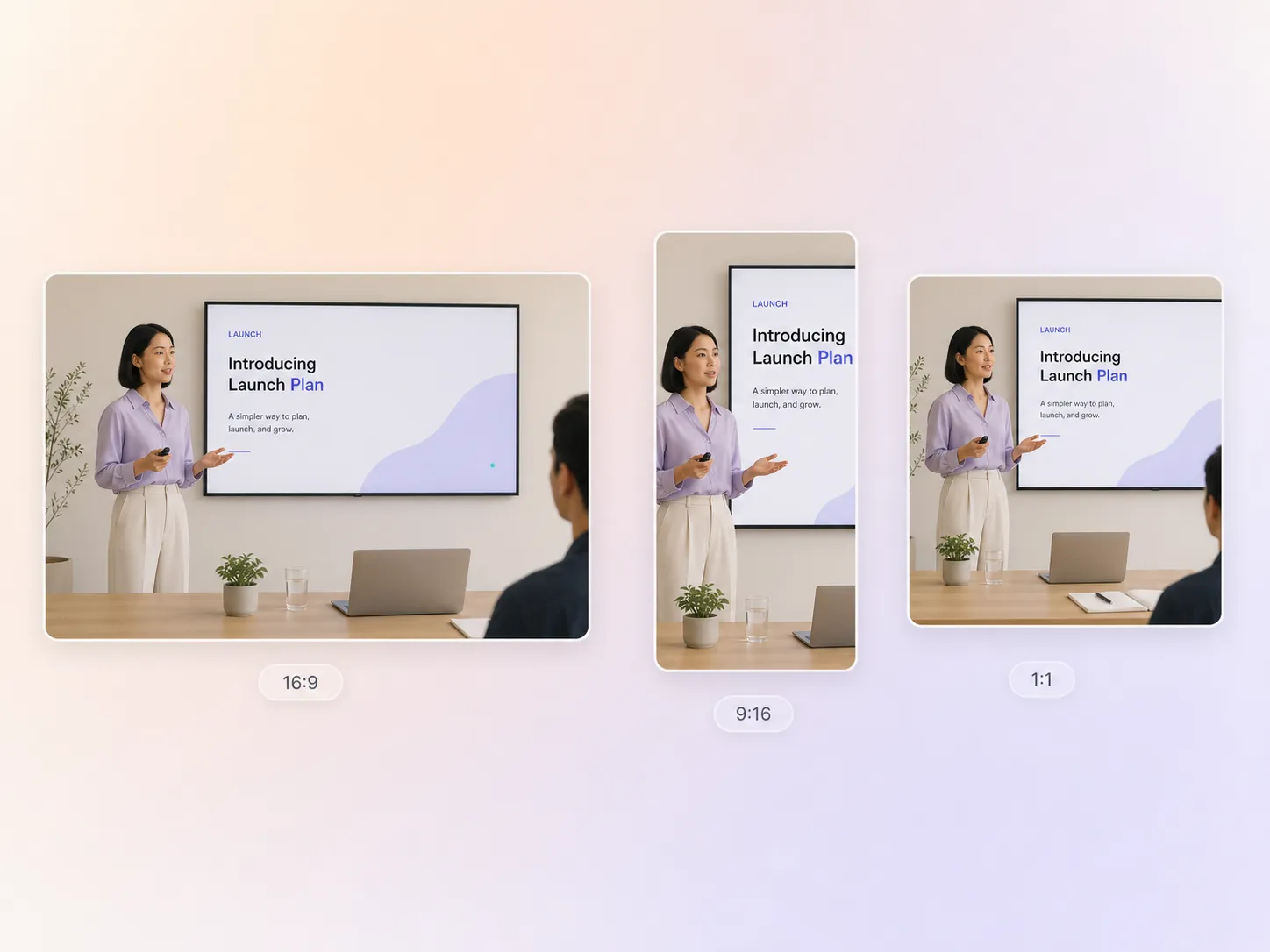 A business launch video exported in 16:9, 9:16, and 1:1 formats up to 4K