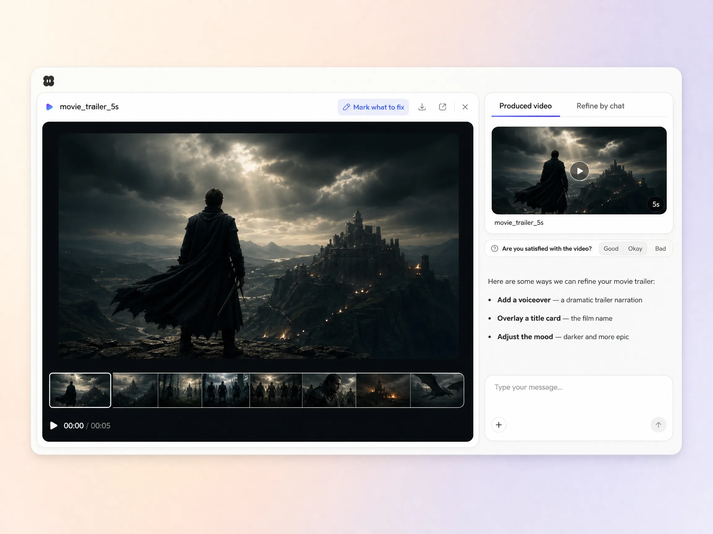 Creating a movie trailer from a text prompt and a photo in the Pexo editor