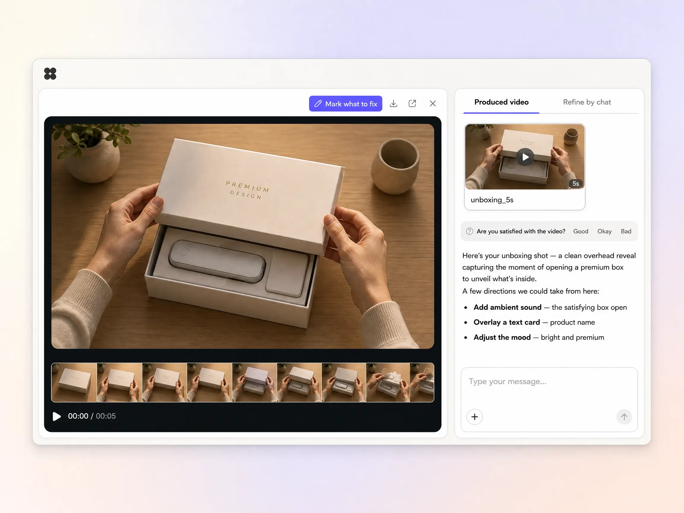 Creating a unboxing video from a text prompt and a photo in the Pexo editor