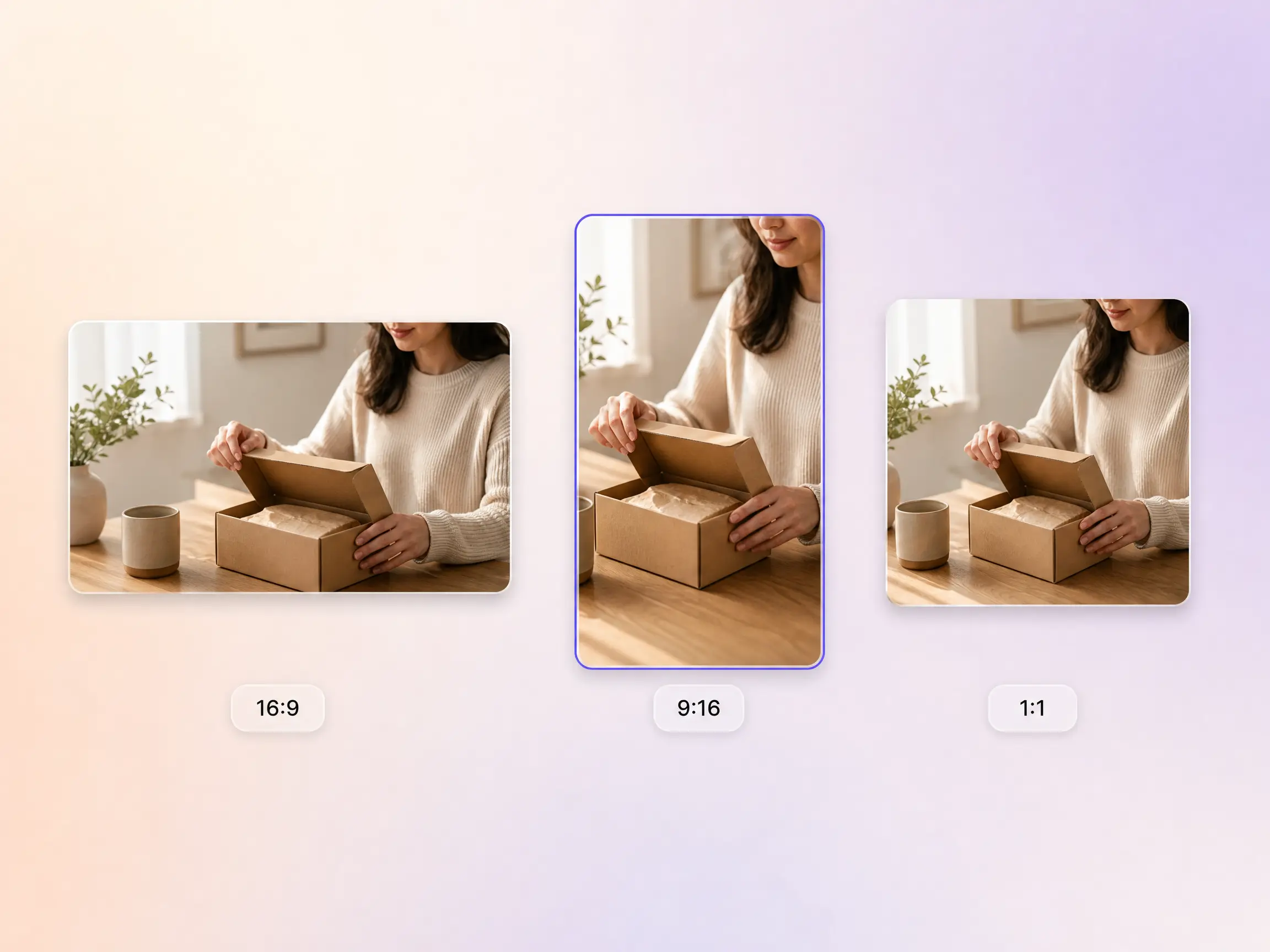 A unboxing video exported in 16:9, 9:16, and 1:1 formats up to 4K