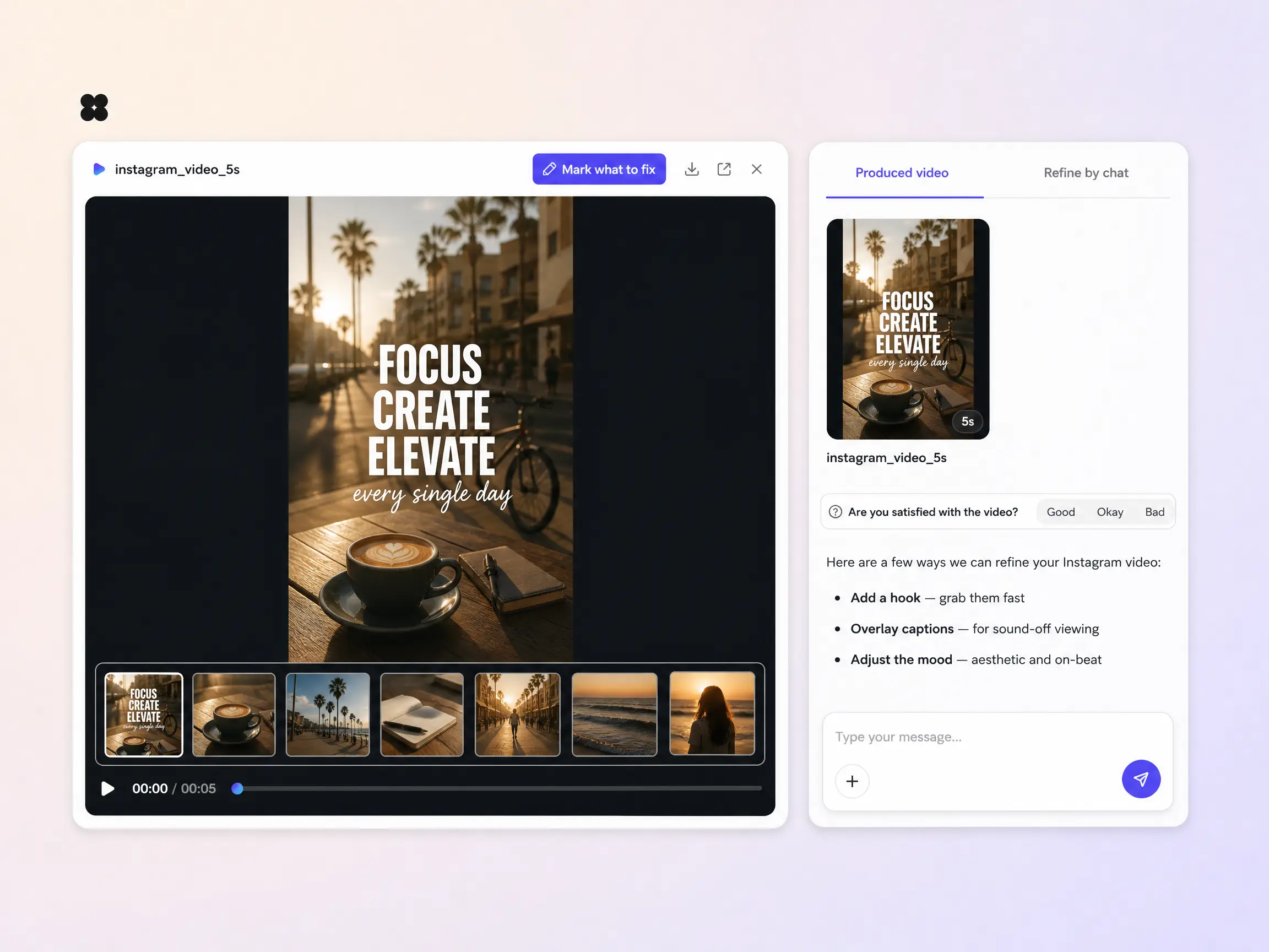 Creating a Instagram video from a text prompt and a photo in the Pexo editor