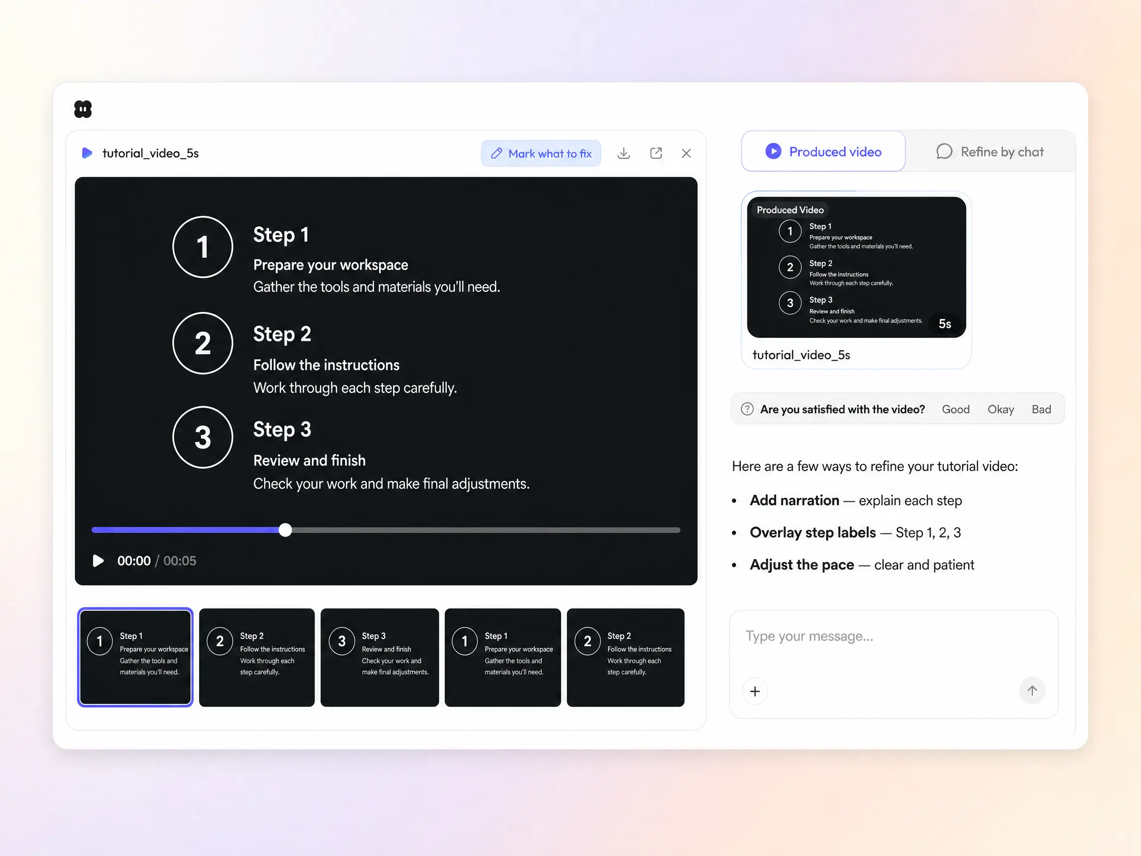 Creating a tutorial video from a text prompt and a photo in the Pexo editor