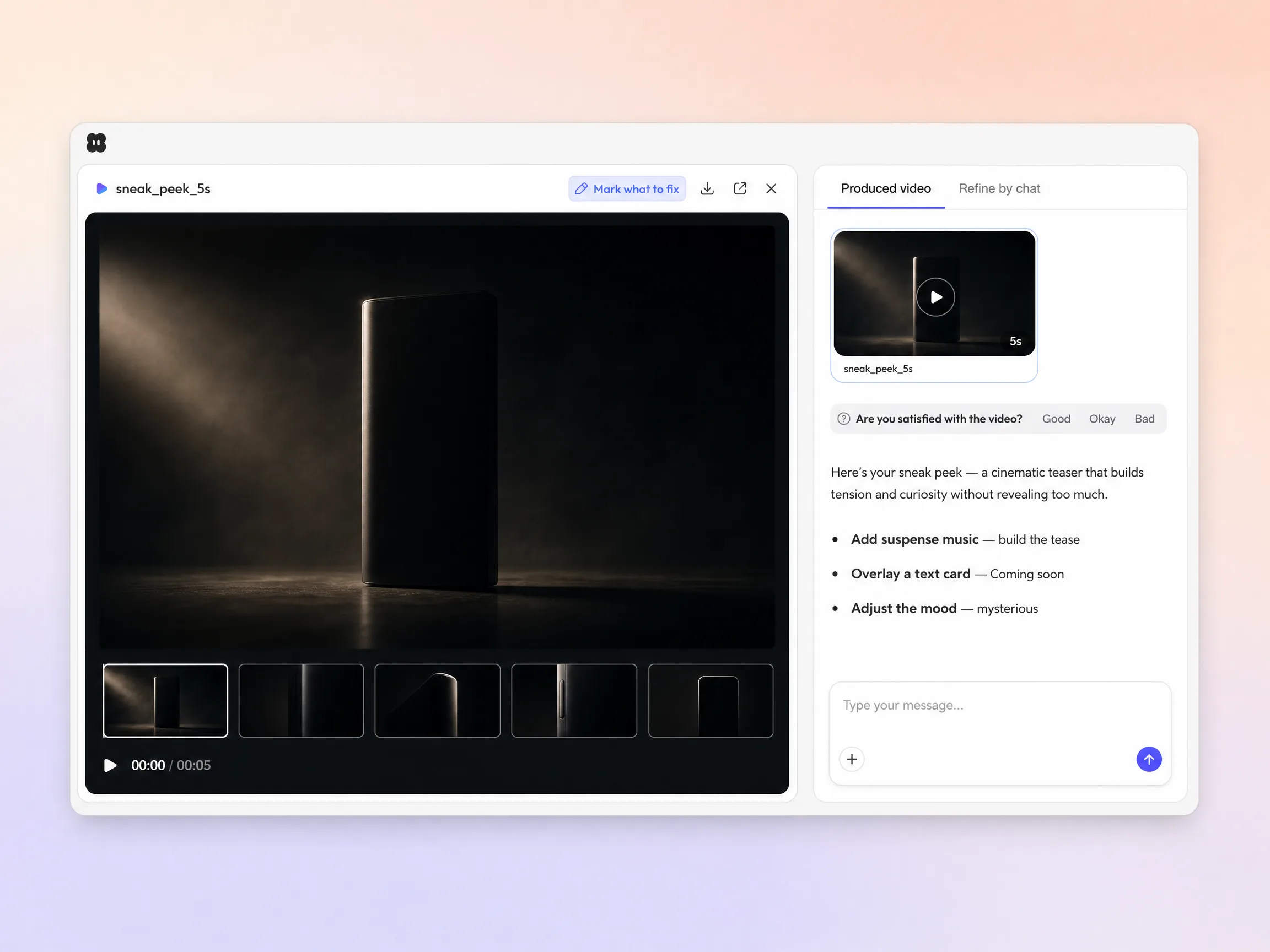 Sneak peek video generator building a 5 second tease from a prompt inside the Pexo editor