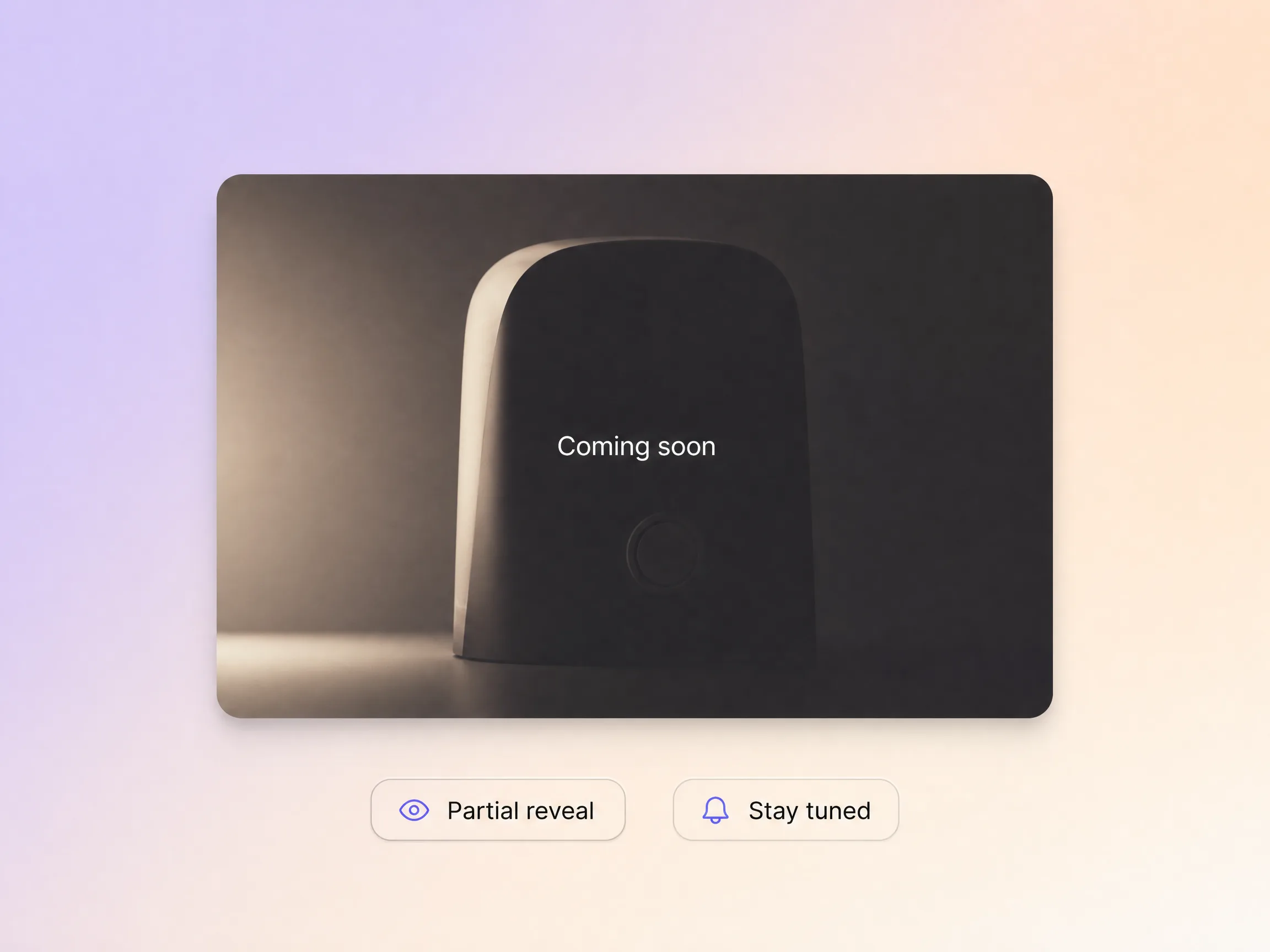 Sneak peek video maker holding a coming soon card over a partly lit product