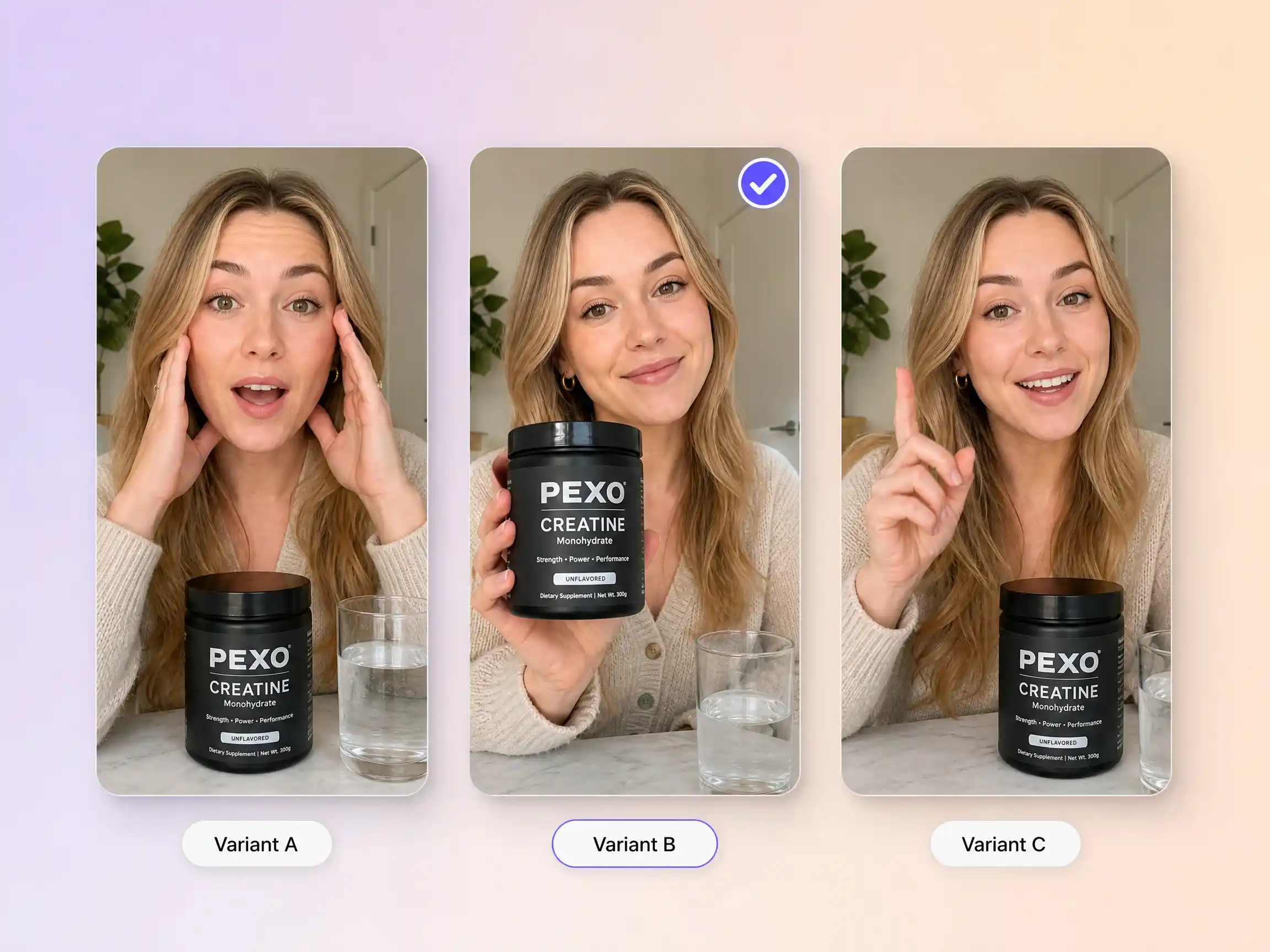 Three variations of the same TikTok ad lined up for A/B testing