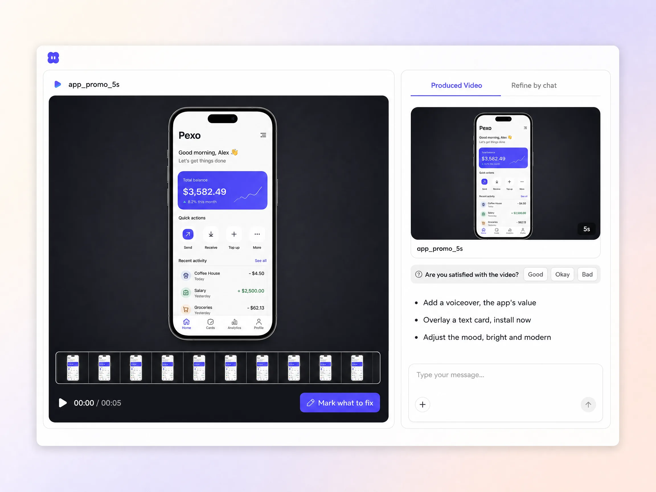 Creating an app promo video from a text prompt and an app screenshot in the Pexo editor