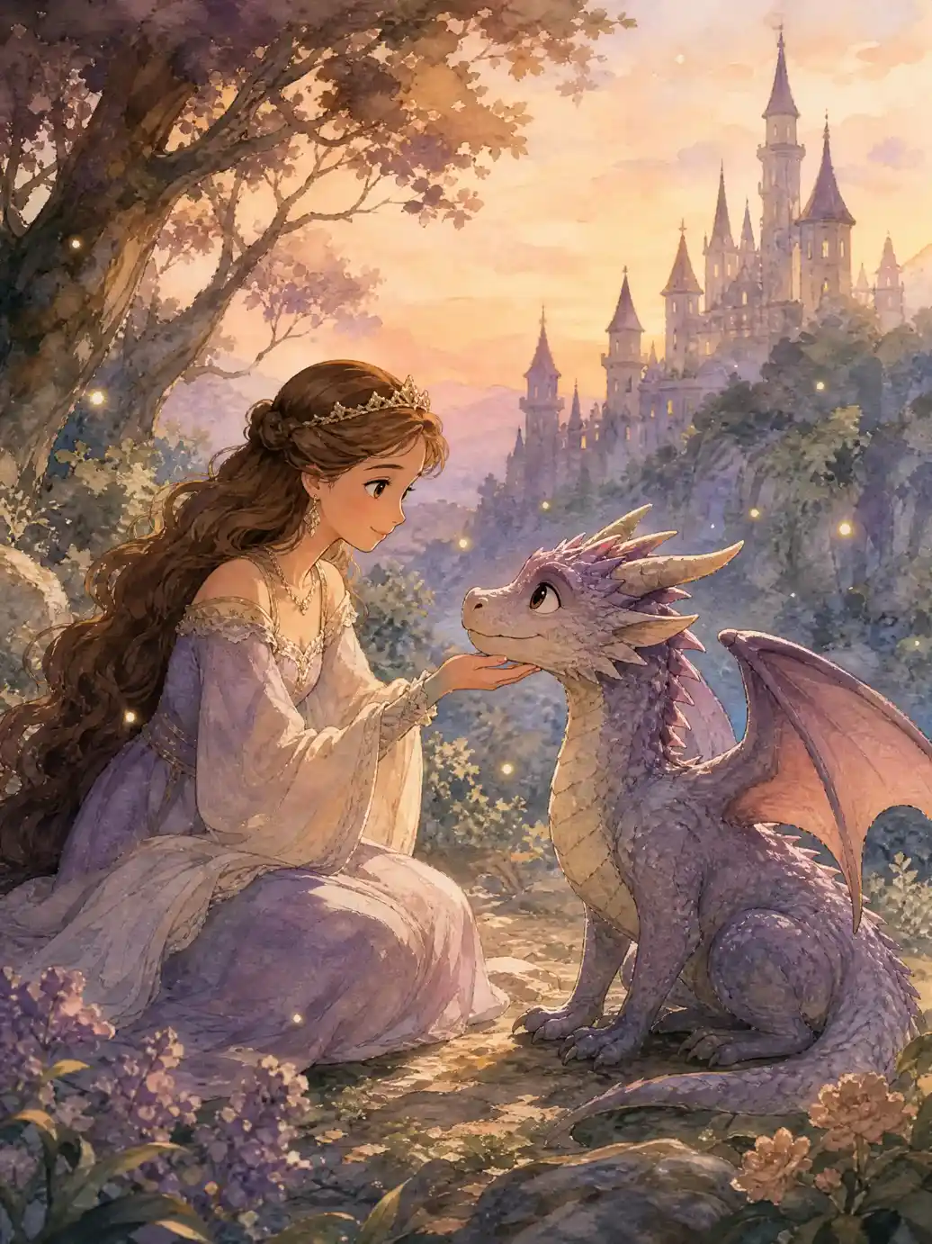 Watercolor fairy tale video scene of a princess meeting a young dragon below a castle at sunset