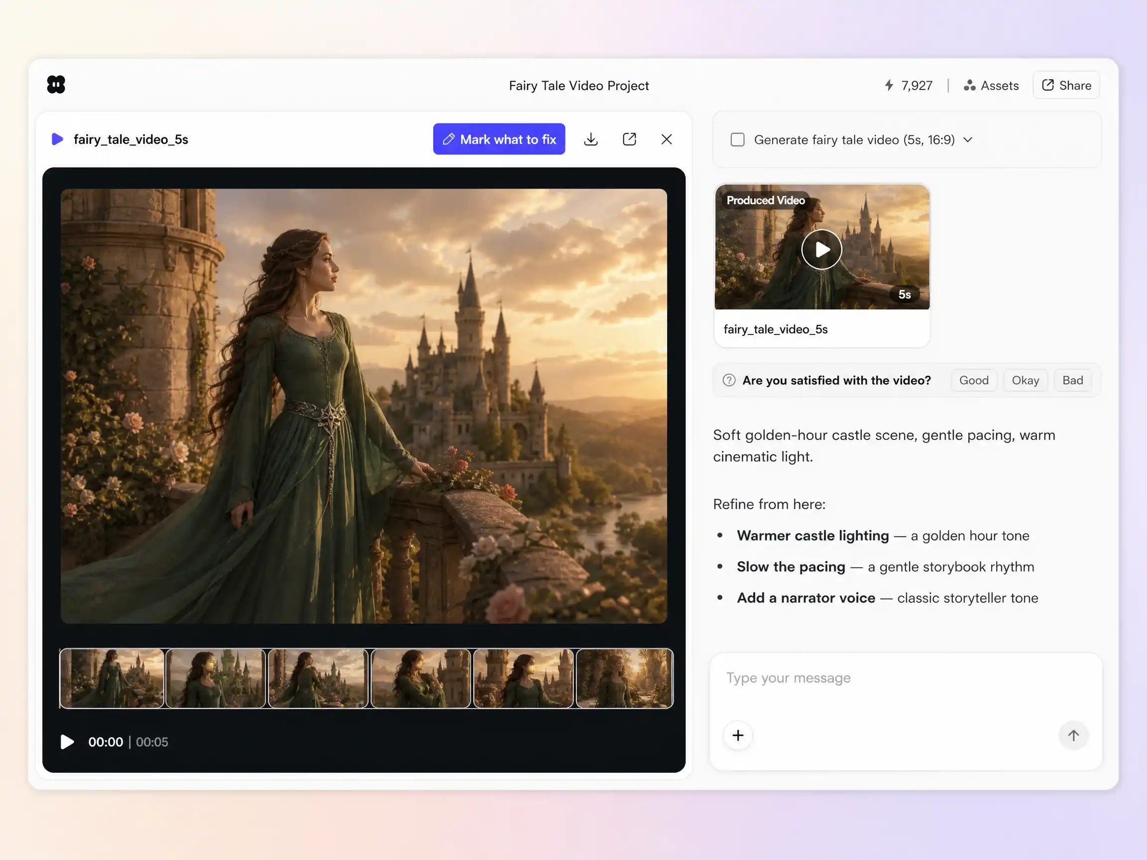 Creating a fairy tale video from a text prompt and a character sketch in the Pexo editor