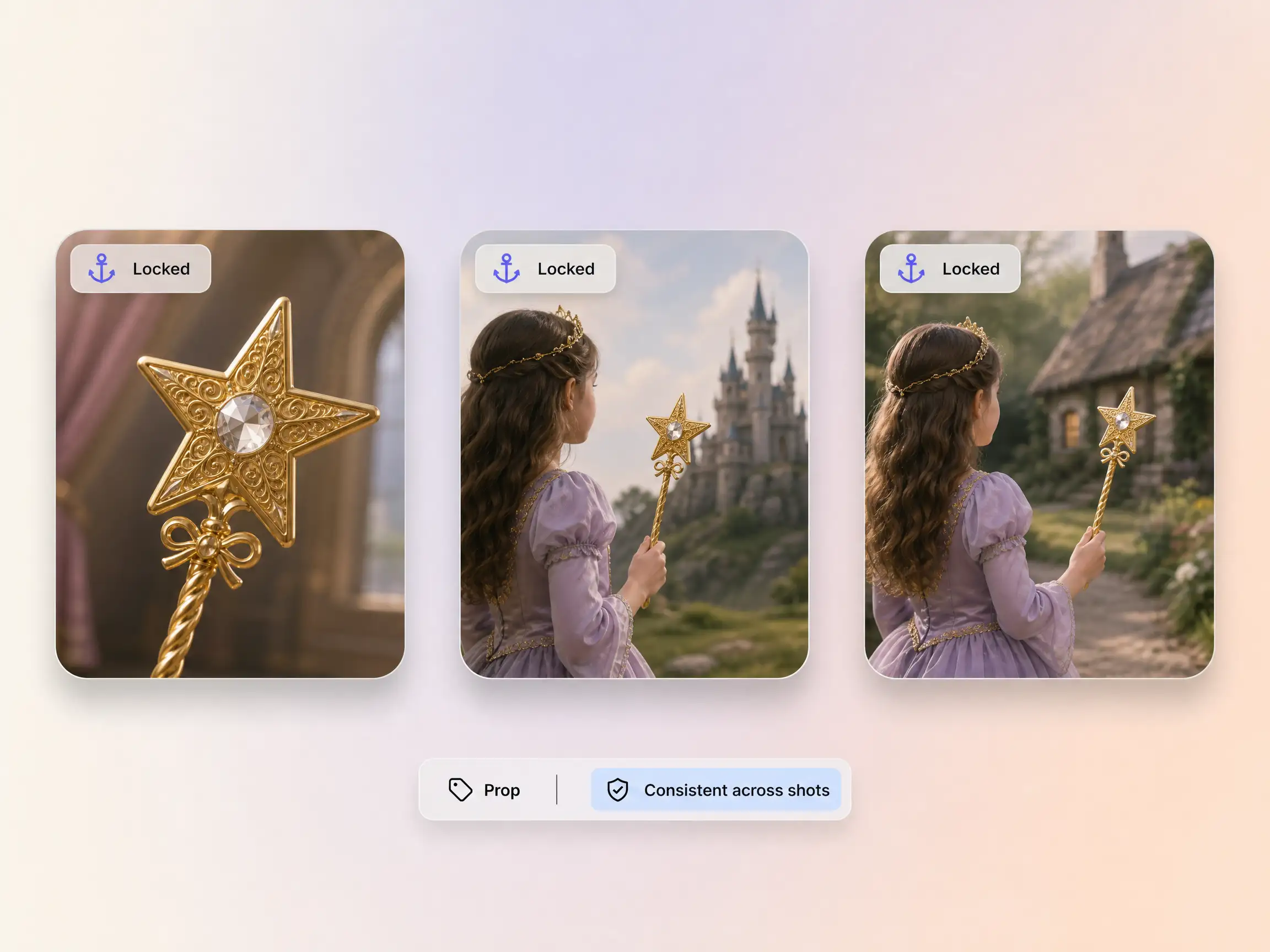 Hyperframe keeping one princess character consistent across shots of a fairy tale video