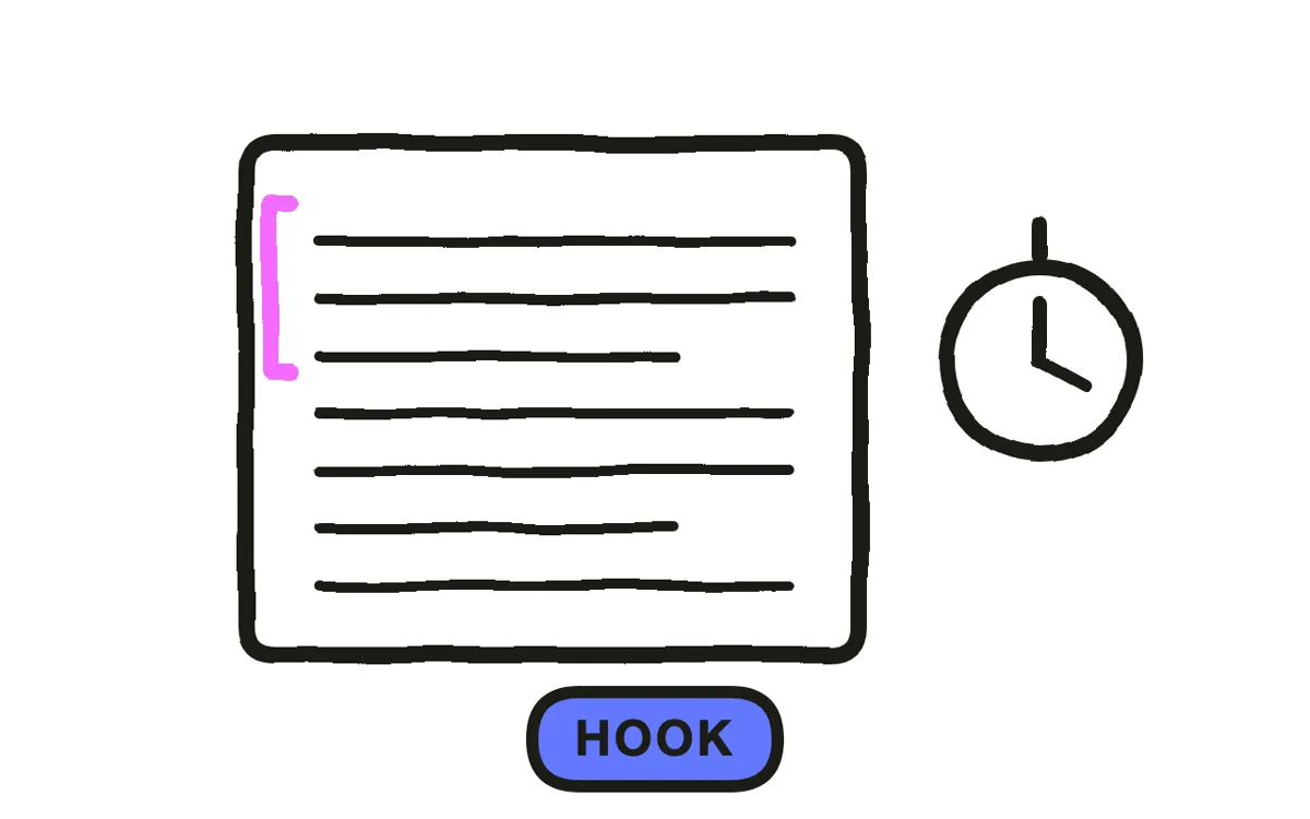 A script page with the first fifteen seconds bracketed as the hook and visual-change marks in the margin