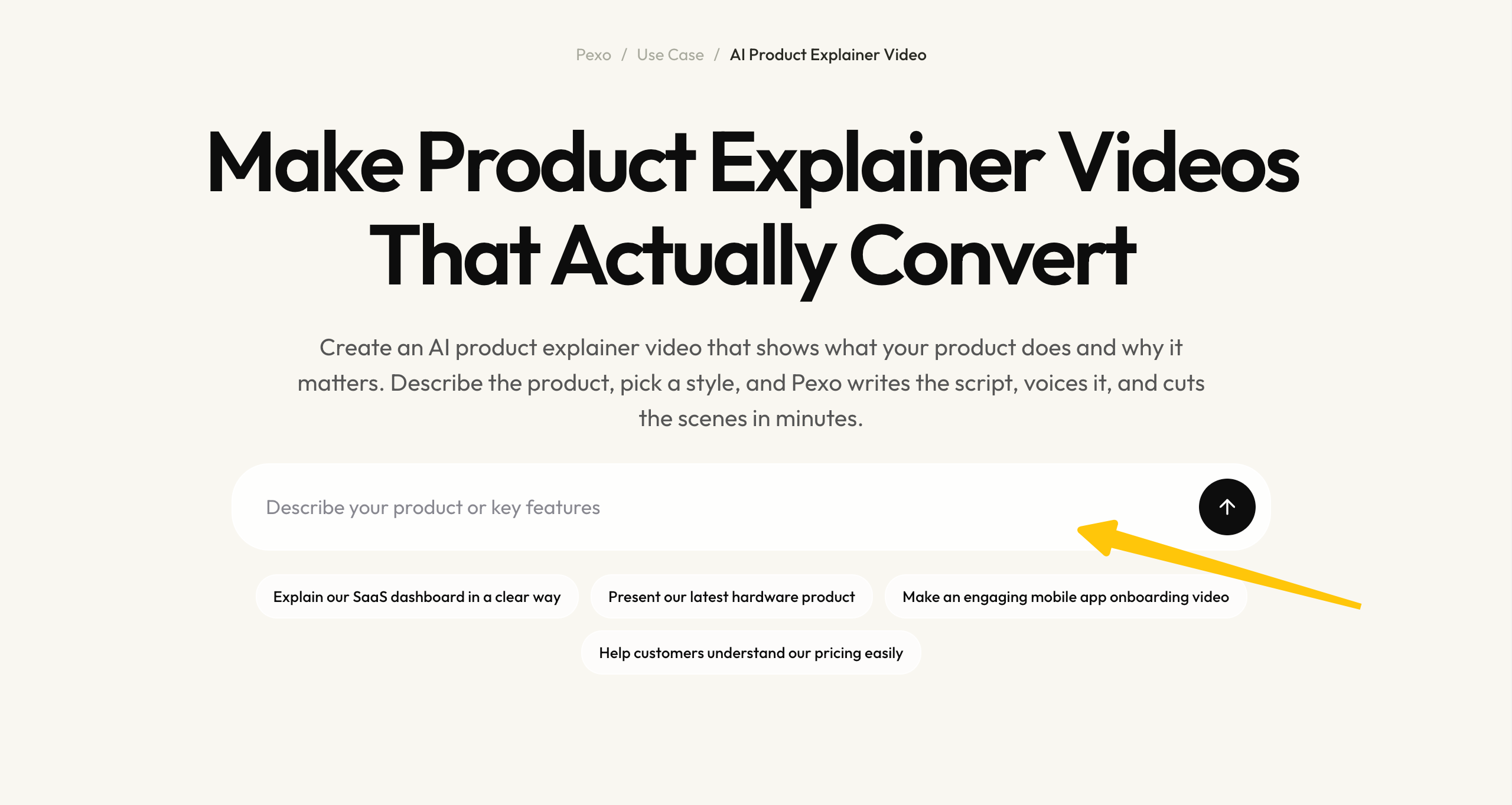 Pexo product explainer page with a prompt field for describing a product and its features