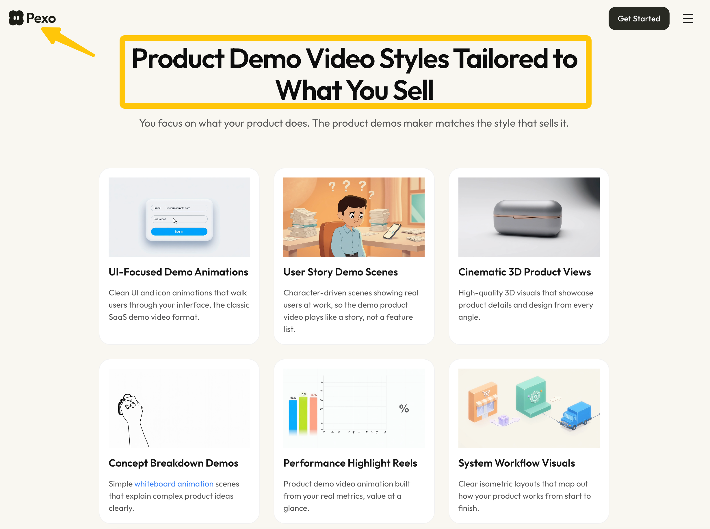 Pexo product demo page showing six video styles for different products
