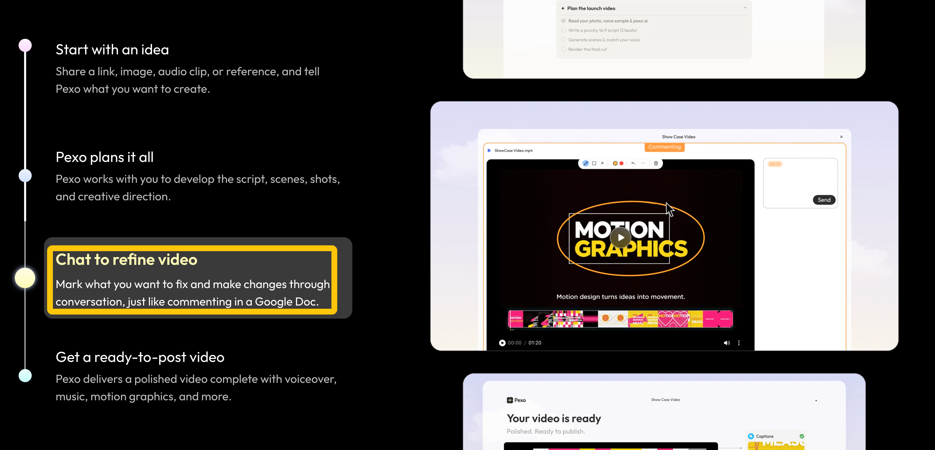 Pexo video revision workflow showing comments and marked areas for focused changes