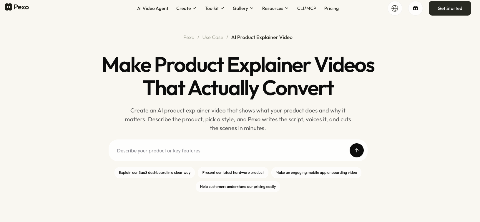 Pexo product explainer page with a product description prompt field