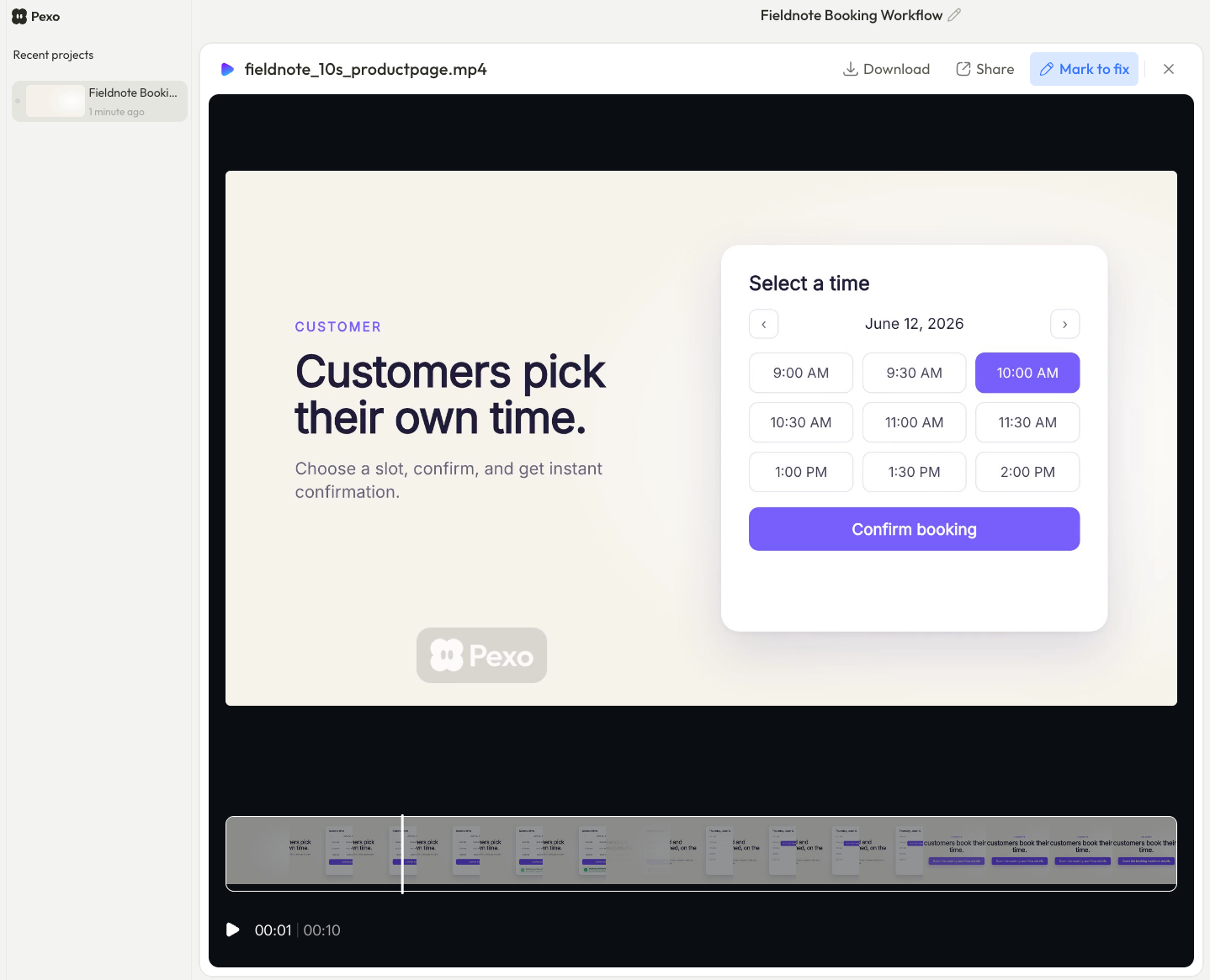Illustrative Fieldnote booking-video preview showing a time selector and confirmation button