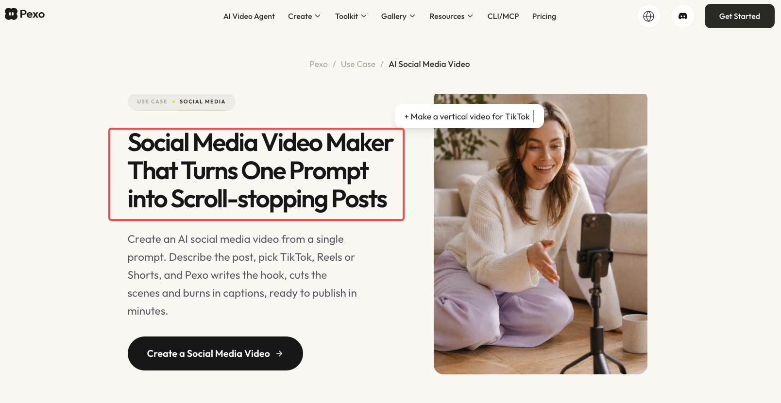 Pexo social media video page showing a creator recording with a phone