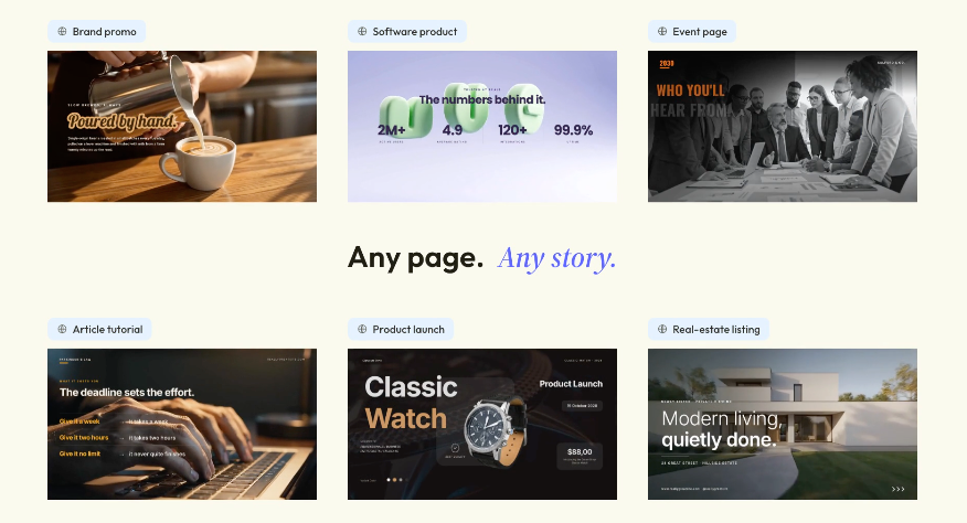 Illustrated webpage-to-video examples for brand, software, event, tutorial, product launch and property pages